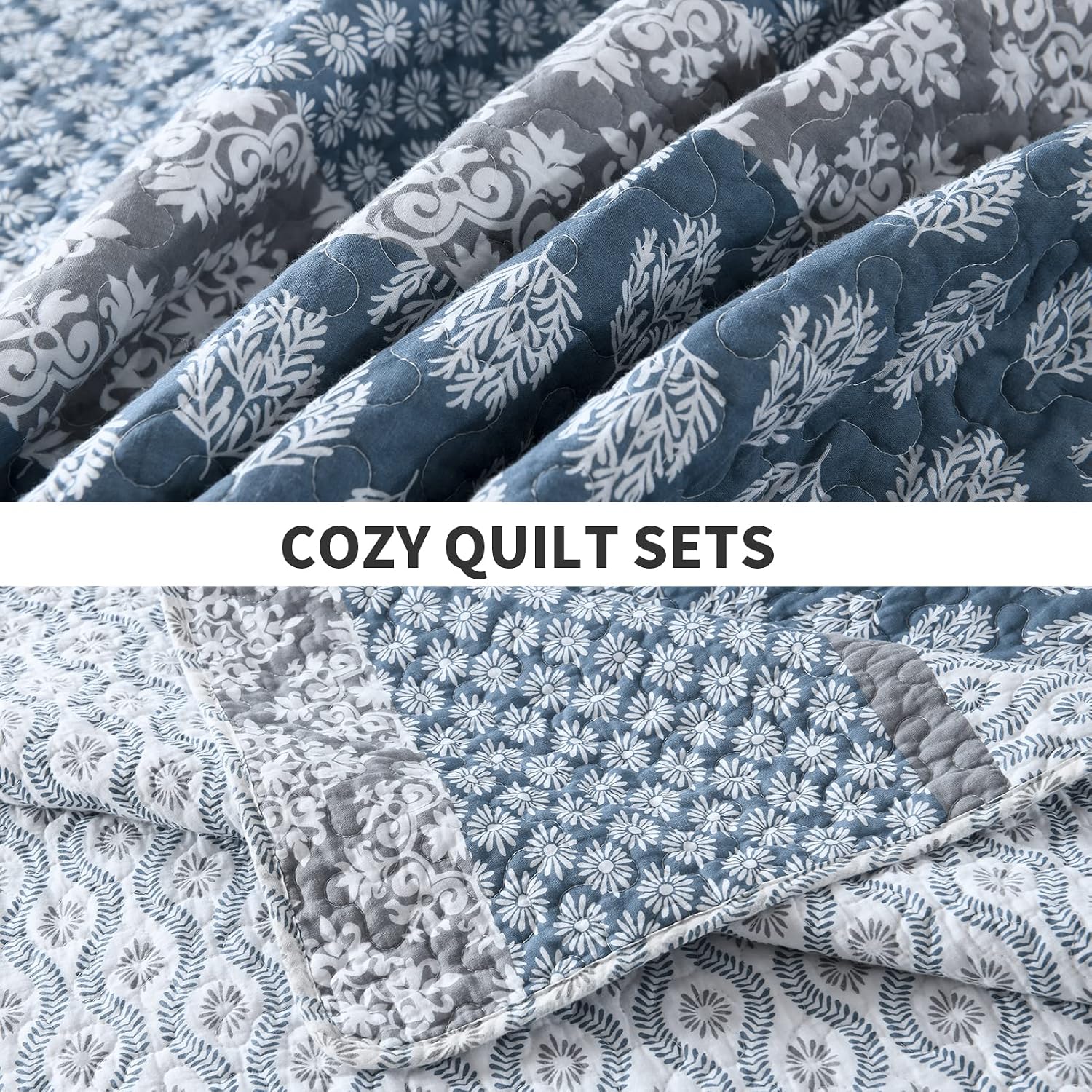 PERHOM Quilt King Size - 100% Long-Staple Cotton Lightweight King Quilt Set, Blue Gray Striped Bedding Set for King Bed, Farmhouse Floral Patchwork Reversible Bedspreads All Seasons, 3 Pieces