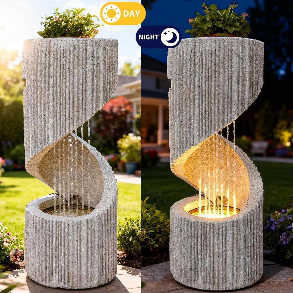 30' H Outdoor Water Fountain with LED Light, S-Shaped Modern Curved Outdoor Fountain, Spiral Column Fountain, Decorative Waterfall Feature with Flat Top Plant Display for Garden, Patio Decor