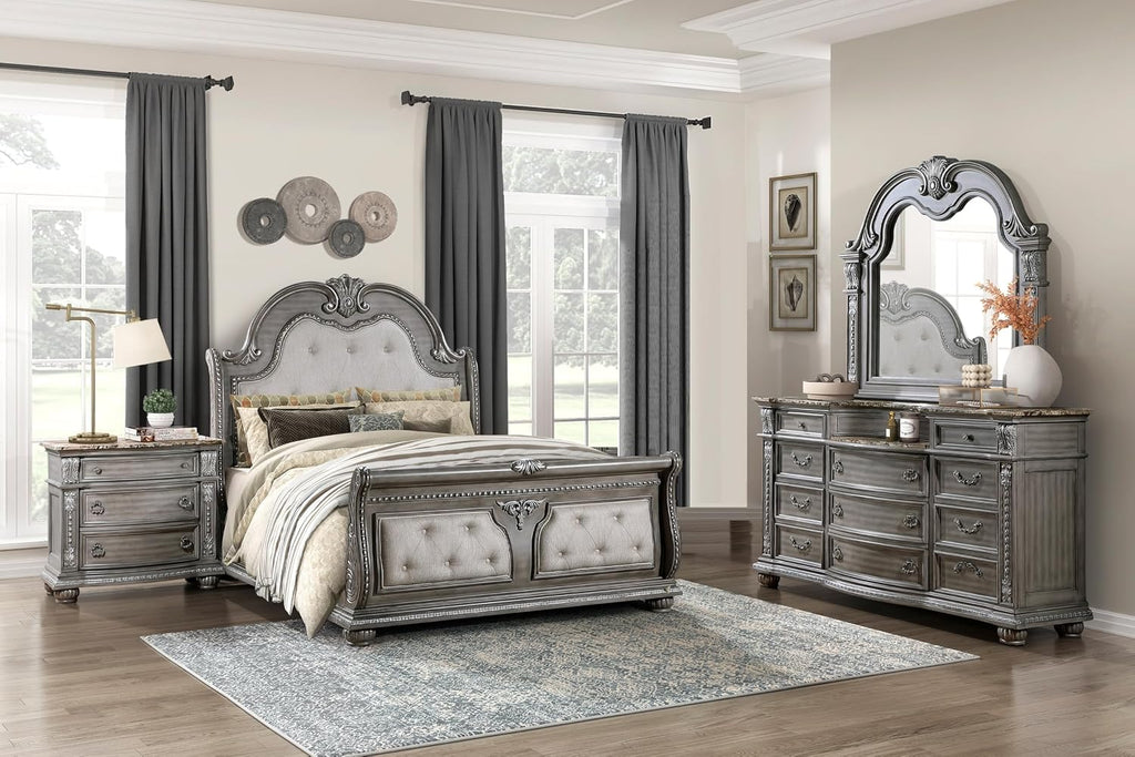 Traditional Style 5-Piece Queen Size Formal Bed Set Gray Finish Carving Wood Luxury Bedroom Furniture