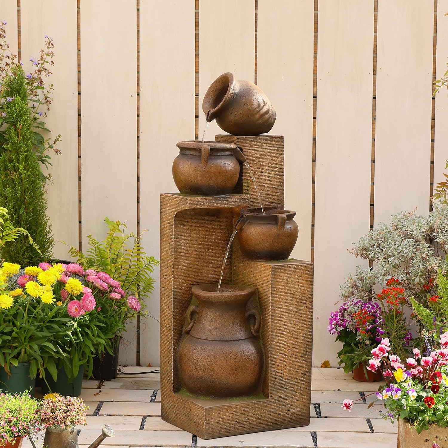 Bumilgar 53' H Large Outdoor Water Fountain with Lights - 4 Tiered Cascading Bowls Waterfall Fountain for Garden, Patio, Backyard, Porch Inside - Freestanding Outdoor Water Feature Gold
