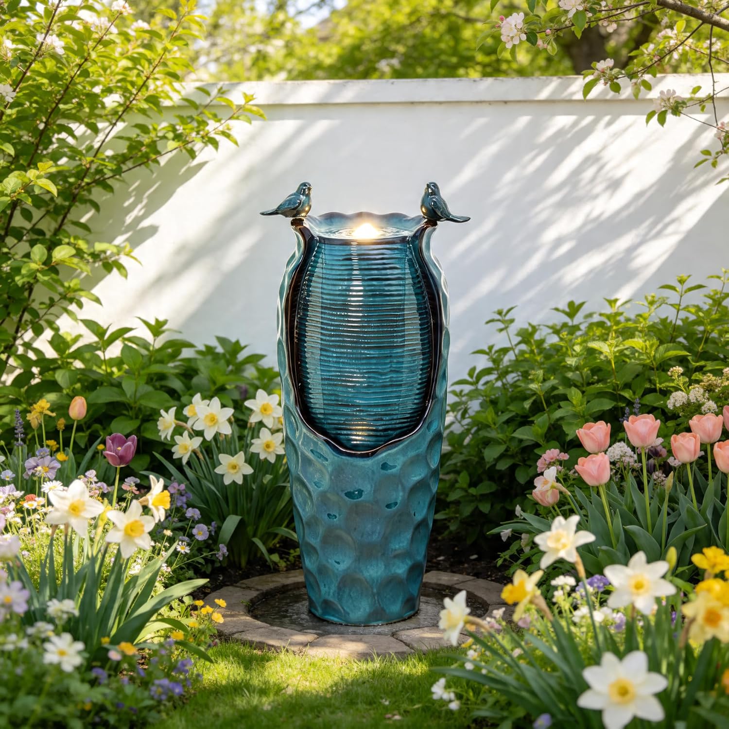 32.5' H Ceramic Jar Outdoor Fountain, Honeycomb Pot Water Feature with LED Lights, Soothing Trickling Waterfall for Garden, Patio, Yard, Balcony Oasis, KD Vivid Birds, Turquoise Glaze