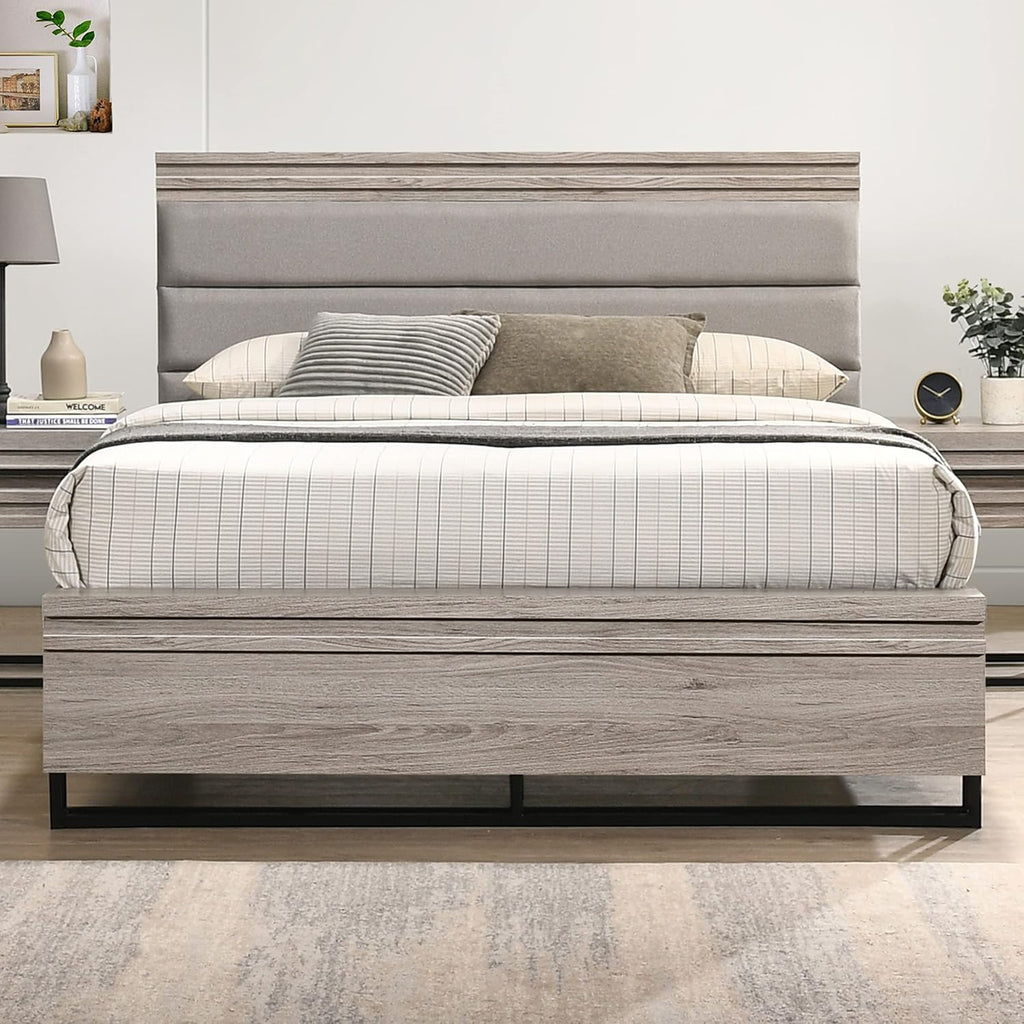 Roundhill Furniture Alvear Upholstered Wood Panel Bed, Dresser, Mirror, Nightstand, and Chest, Queen