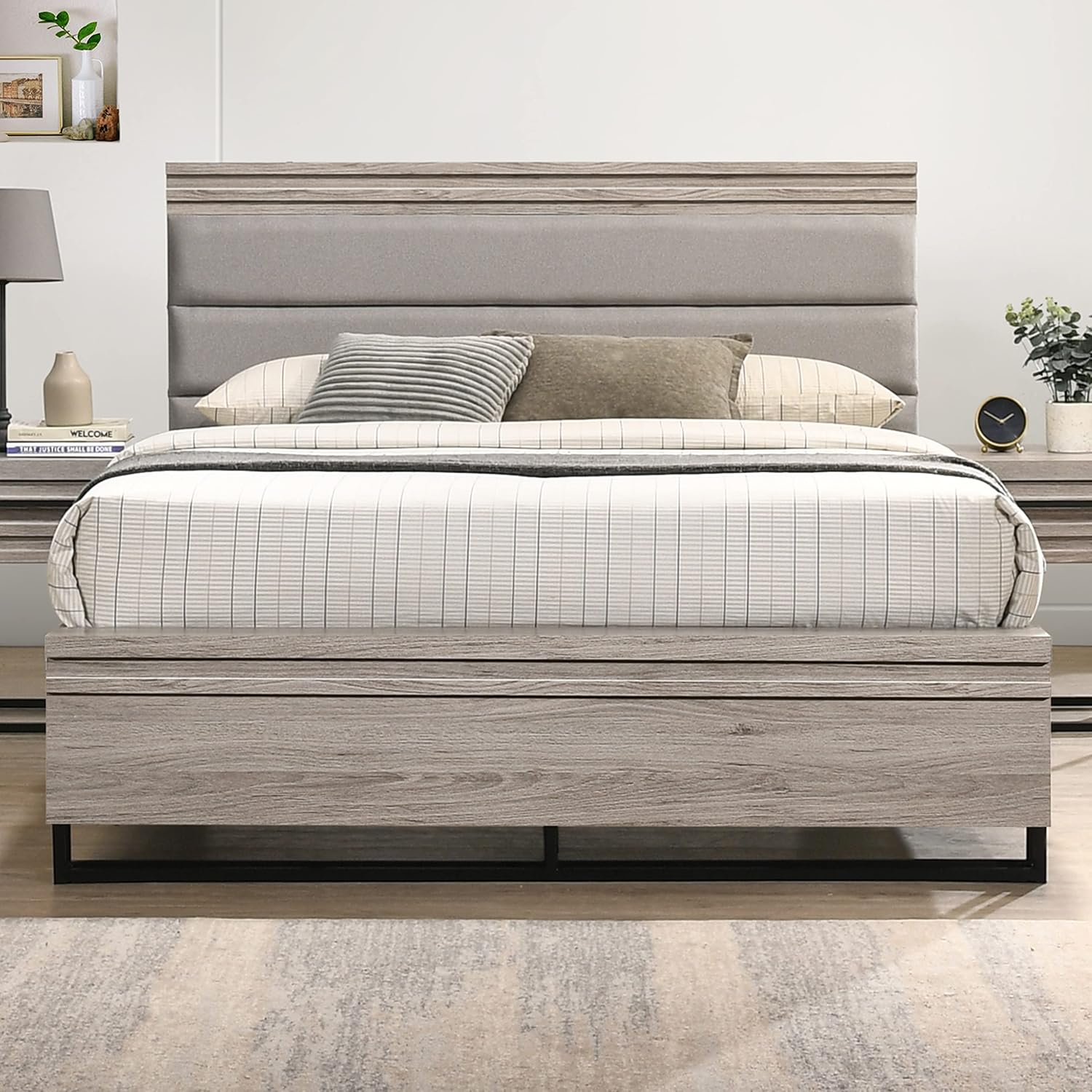 Roundhill Furniture Alvear Upholstered Wood Panel Bed, Dresser, Mirror, Nightstand, and Chest, Queen