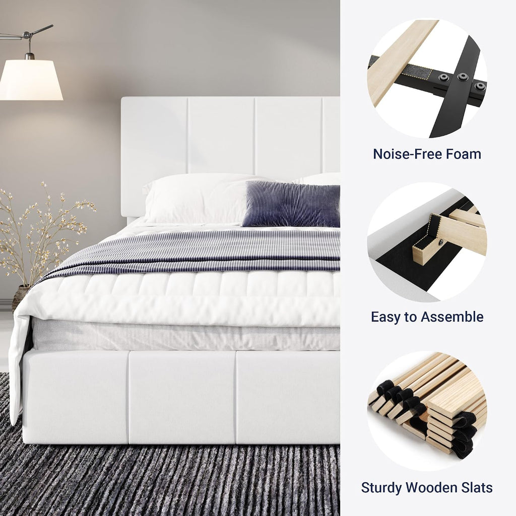 Allewie Full Size Dutch Velvet Upholstered Platform Bed Frame/Vertical Channel Tufted Adjustable Headboard/Low Profile Bed Frame/No Box Spring Needed/Easy Assembly/White