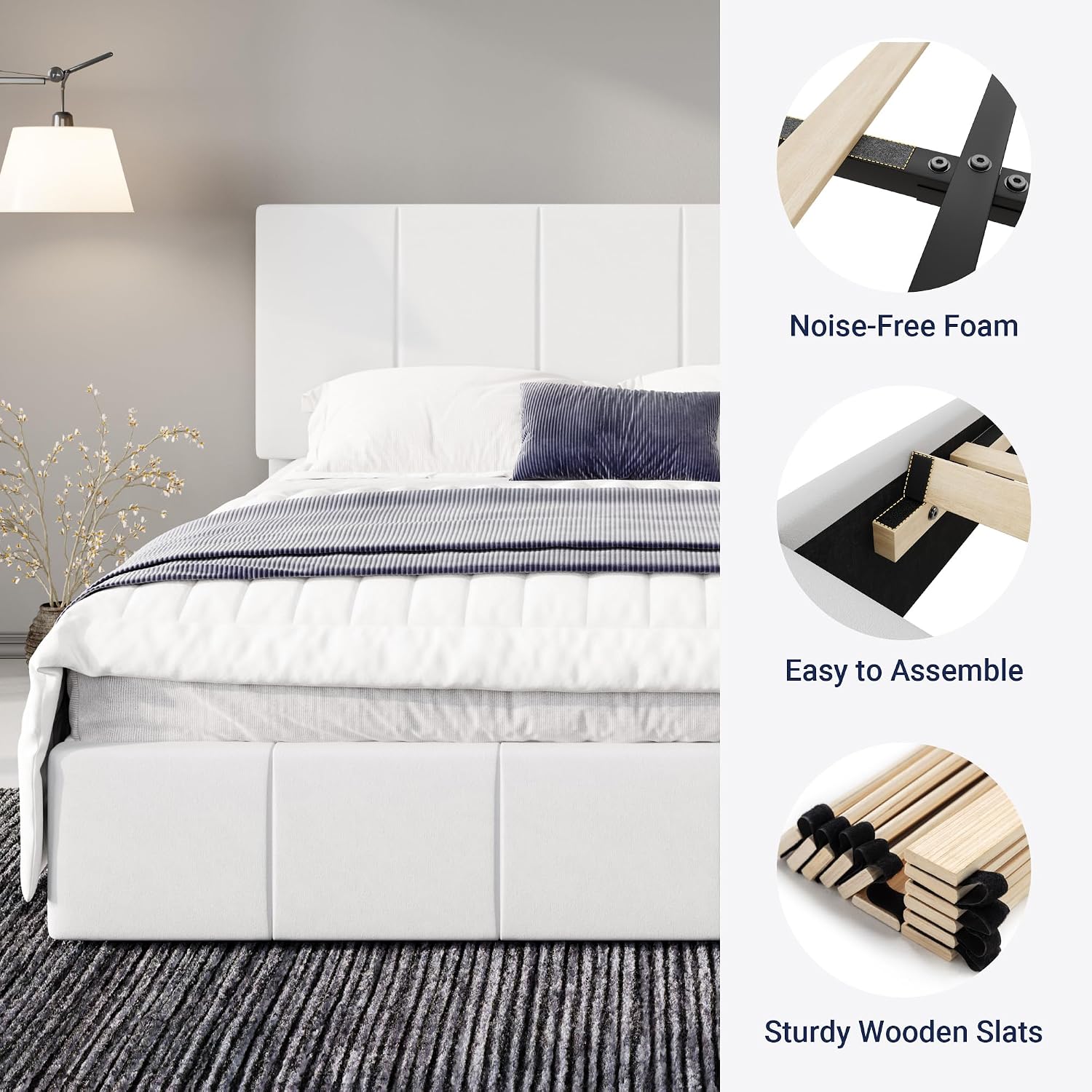 Allewie Full Size Dutch Velvet Upholstered Platform Bed Frame/Vertical Channel Tufted Adjustable Headboard/Low Profile Bed Frame/No Box Spring Needed/Easy Assembly/White