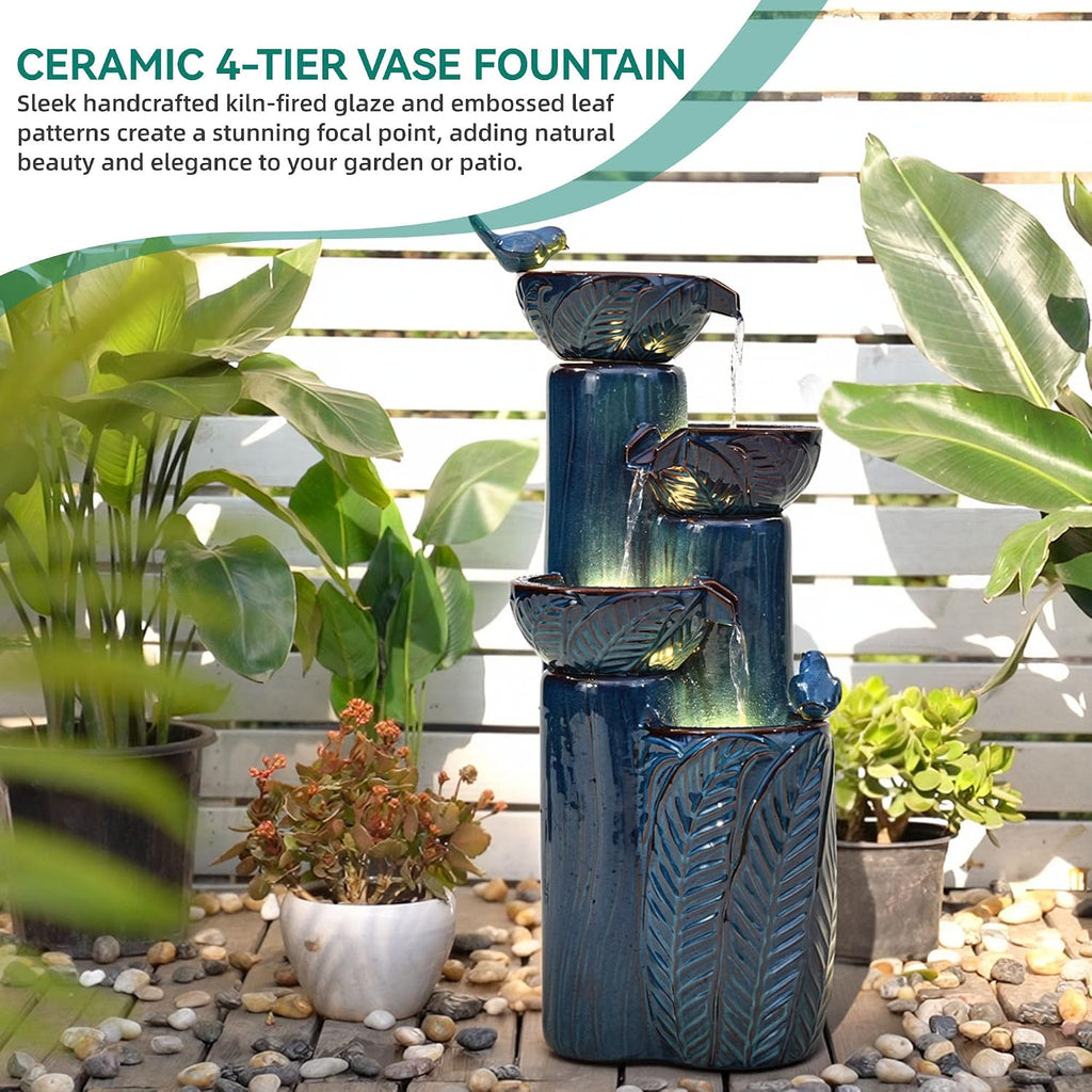33' H Ceramic Outdoor Water Fountain with LED Lights, 4-Tier Bowl Water Feature with Birds, Teal Blue Glaze, Embossed Leaf Pattern, Cascading Waterfall for Tranquil Garden, Patio, or Porch