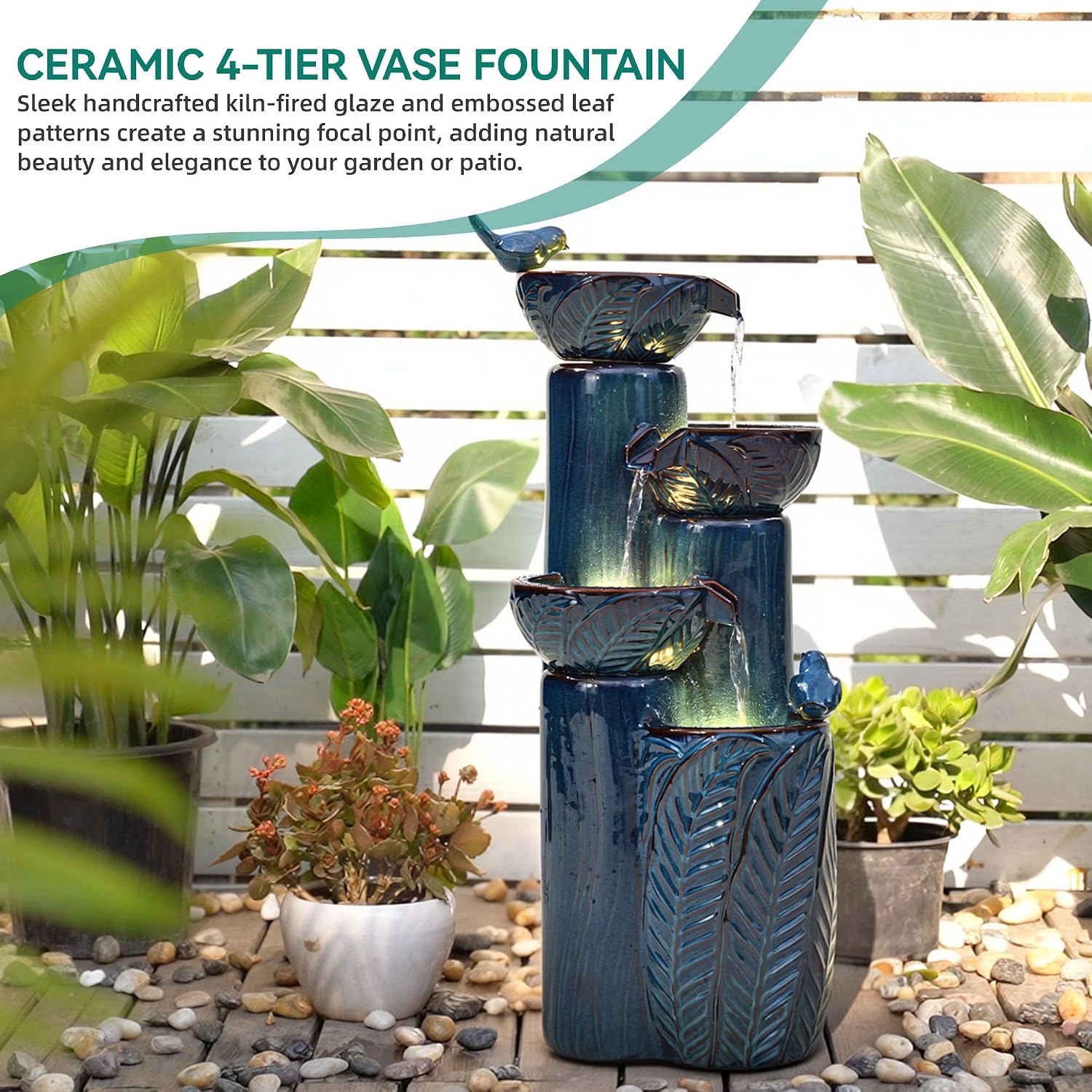 33' H Ceramic Outdoor Water Fountain with LED Lights, 4-Tier Bowl Water Feature with Birds, Teal Blue Glaze, Embossed Leaf Pattern, Cascading Waterfall for Tranquil Garden, Patio, or Porch