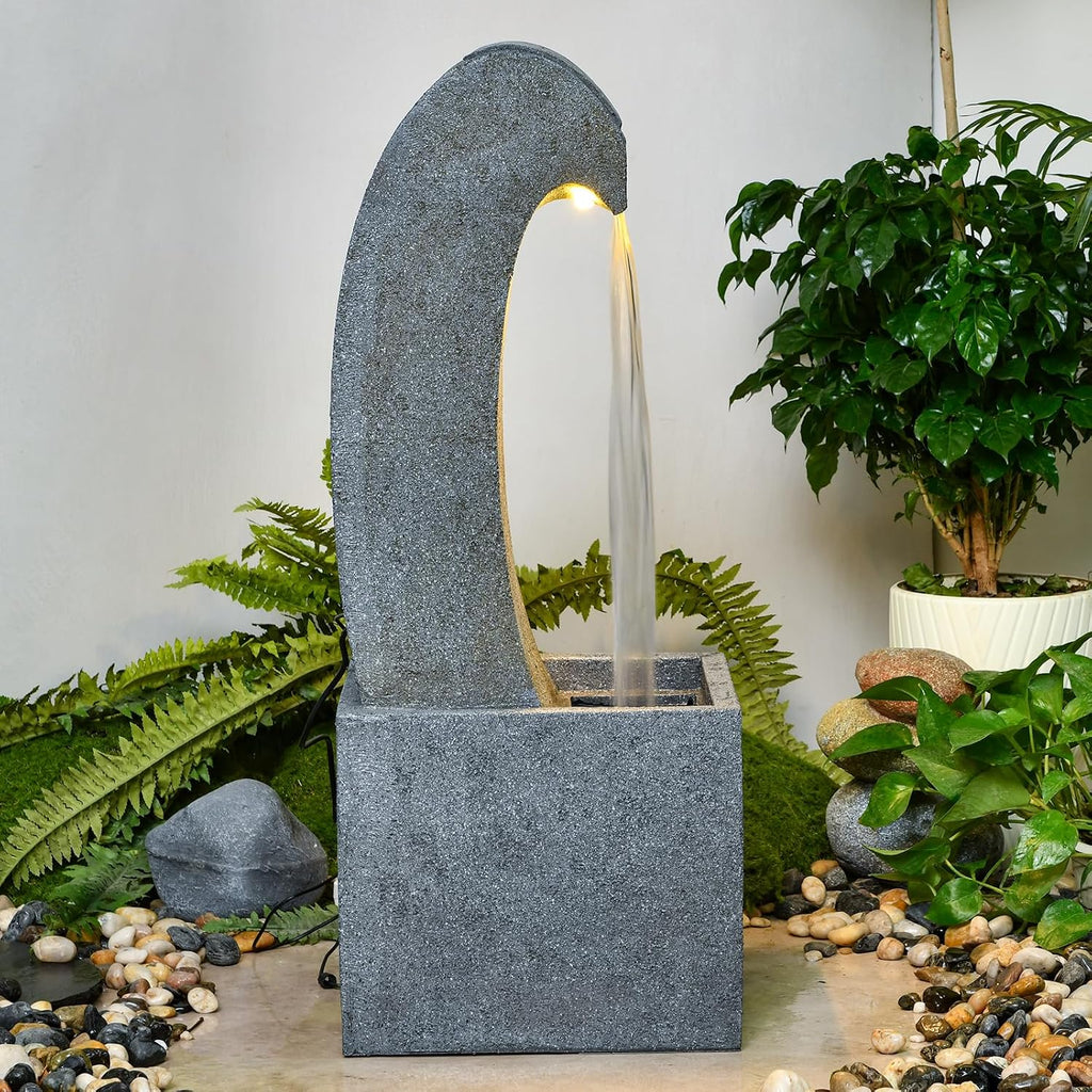 35.83'' Outdoor Garden Cascading Stone Floor-Standing Waterfall Fountain with LED Lights for Patio, Backyard, Deck, Porch and Home Art Decor