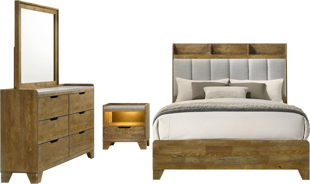 Coaster Home Furnishings - Henderson - Wood - 4-Piece Bedroom Set with Bookcase Headboard, USB Charging and Rustic Style - Bedroom - Eastern King Size - Medium Oak - 222971KE-S4