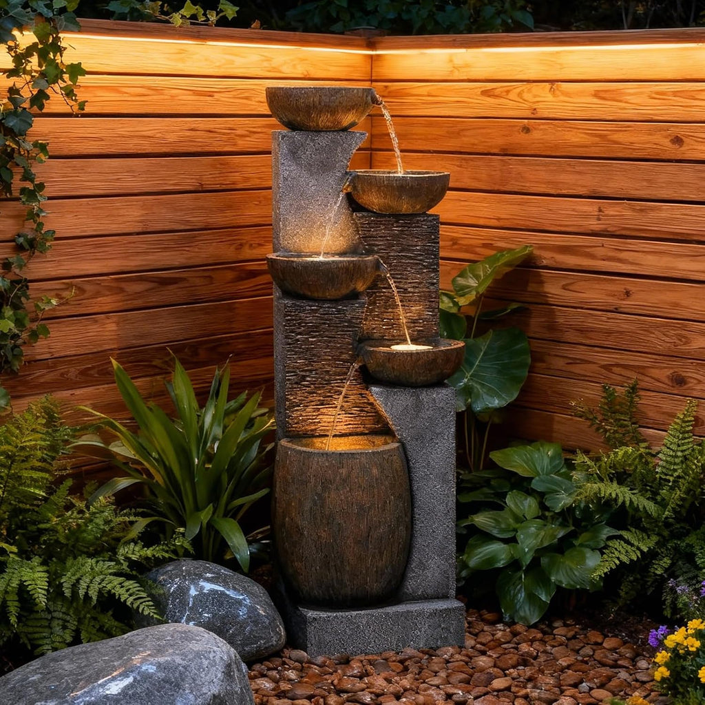 Bumilgar 51.6'' H Tall Outdoor Water Fountain, 5-Tier Resin Cascading Crock Bowls with LED Lights, Garden Water Feature and Waterfall for Porch, Deck, Patio, Yard, and Home Décor, Dark Gray