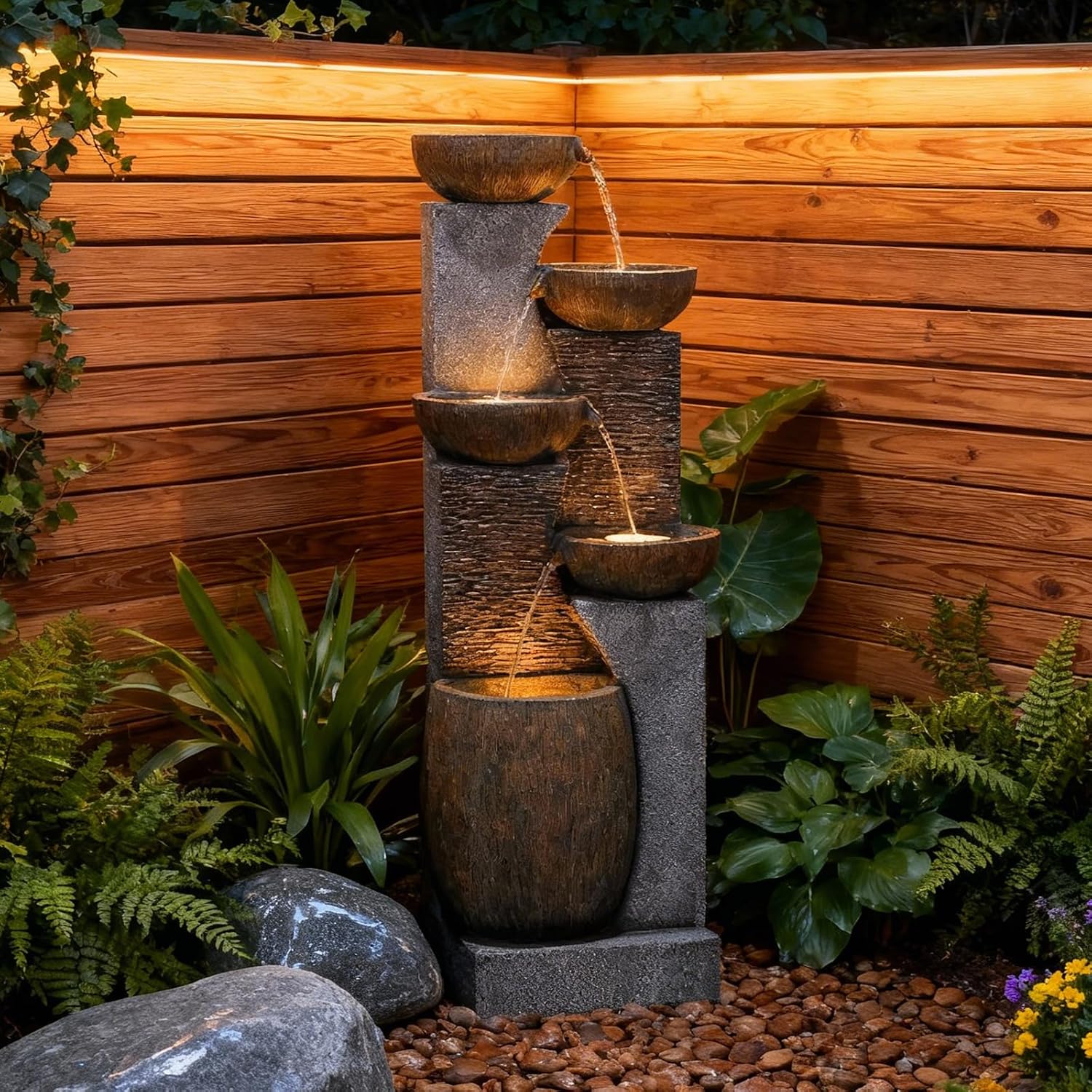 Bumilgar 51.6'' H Tall Outdoor Water Fountain, 5-Tier Resin Cascading Crock Bowls with LED Lights, Garden Water Feature and Waterfall for Porch, Deck, Patio, Yard, and Home Décor, Dark Gray