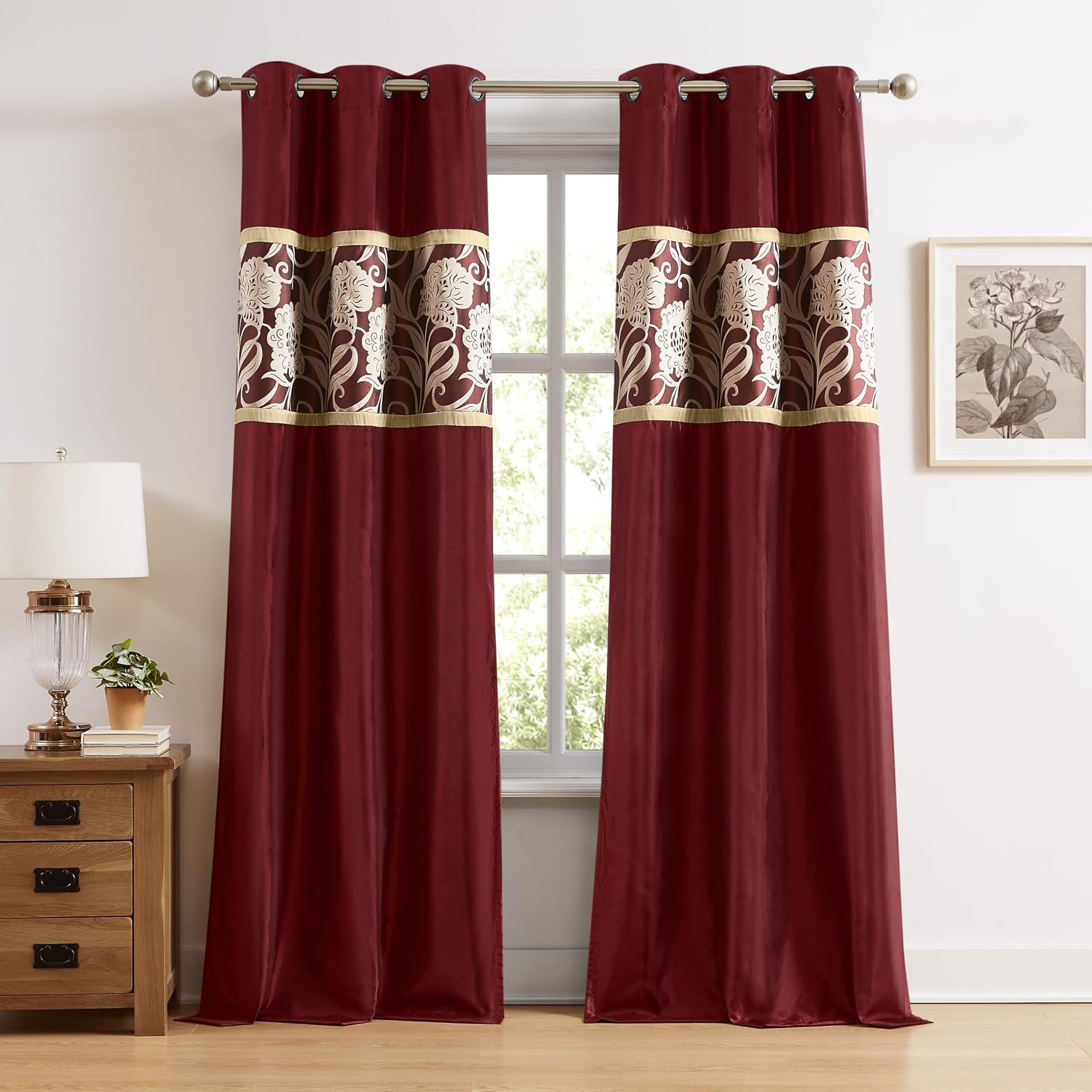 Stratford Park Red and Gold Comforter Set Queen Size, 9 Piece Jacquard Floral Bedding Set, All Season, Ultra-Soft, Matching Pillows & Shams, Bed Skirt, Curtains