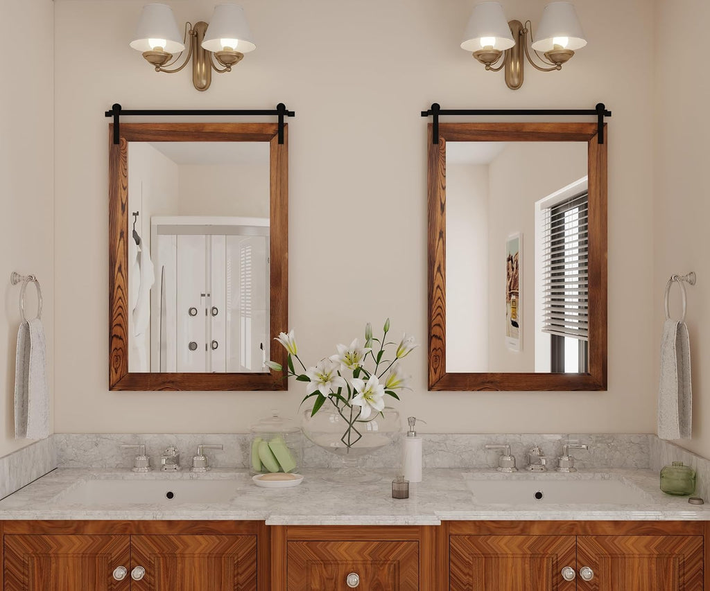 COGOOD Farmhouse Barn Door Wall Mirror - 25' X 38' Rustic Wood Framed Mirror for Bathroom, Living Room, Entryway Wall Decorative (Brown)