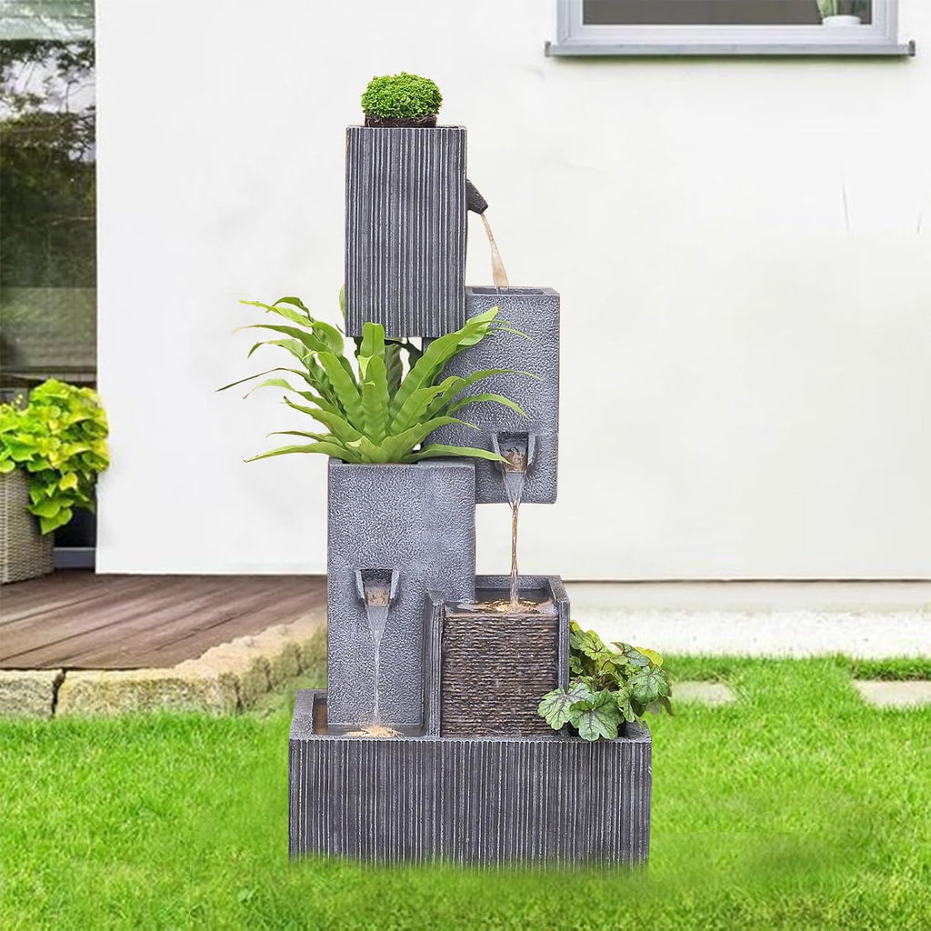Tankana Tiered Water Fountain Outdoor Garden - Waterfall Patio Freestanding Cascade Fountains Concrete Artistry Modern Style with LED Lights for Yard Pool Home Decor, 41.5 inches Tall