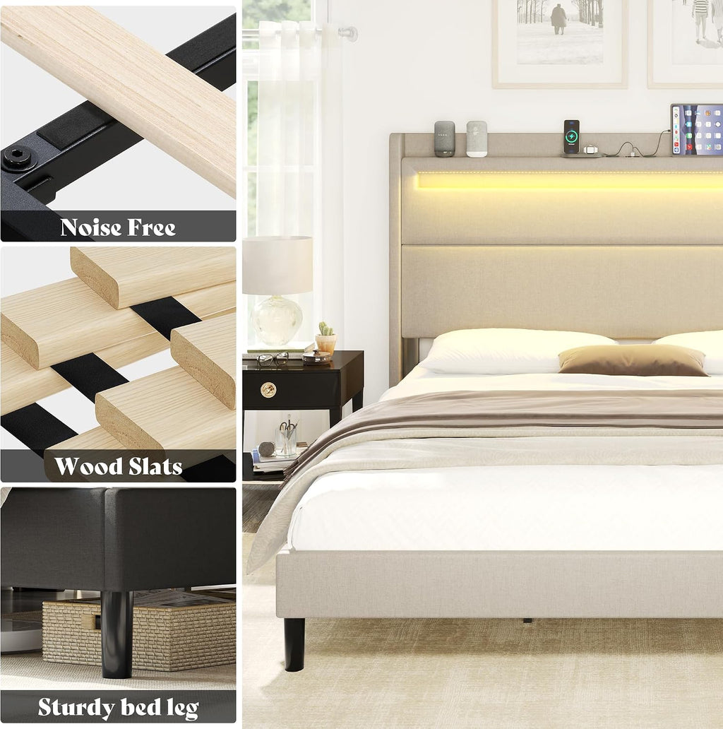 AMERLIFE Queen Bed Frame with LED Light & Wingback Headboard, Upholstered Platform Bed with USB & USB-C Ports, No Box Spring Needed/Noise Free/Light Grey