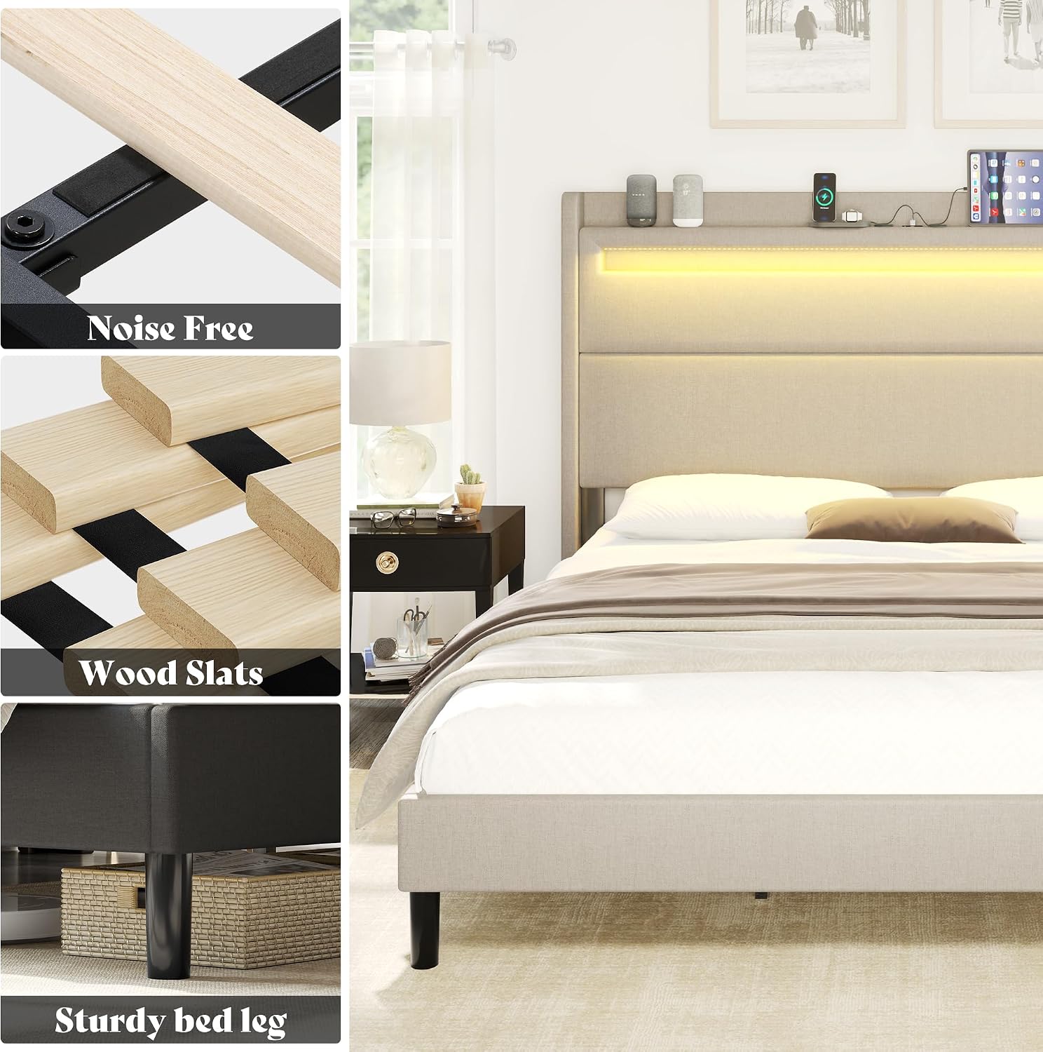 AMERLIFE Queen Bed Frame with LED Light & Wingback Headboard, Upholstered Platform Bed with USB & USB-C Ports, No Box Spring Needed/Noise Free/Light Grey