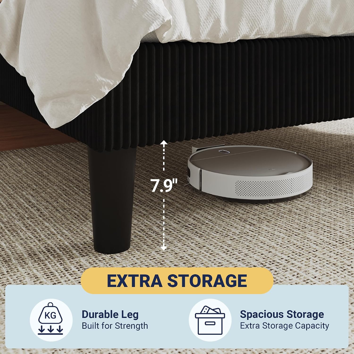 Allewie Queen Size Upholstered Bed Frame with Vertical Channel Tufted Headboard, Soft Corduroy Fabric Platform Bed, Strong Wooden Slats Support, Easy Assembly, No Box Spring Needed, Black