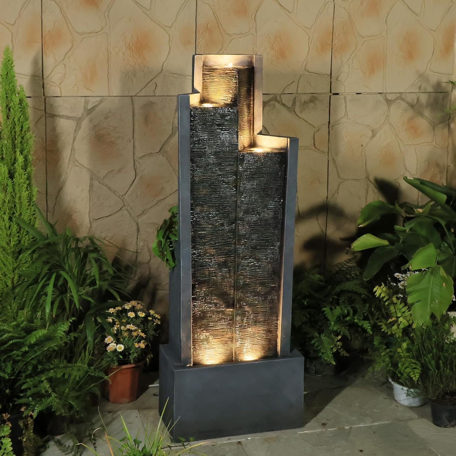 Sunlinua 49.6H Modern Outdoor Water Fountain with LED Light Garden Cascading Waterfall Feature for Indoor or Outdoor Cascading Waterfall for Relaxing Garden Patio Backyard Porch or Home Décor