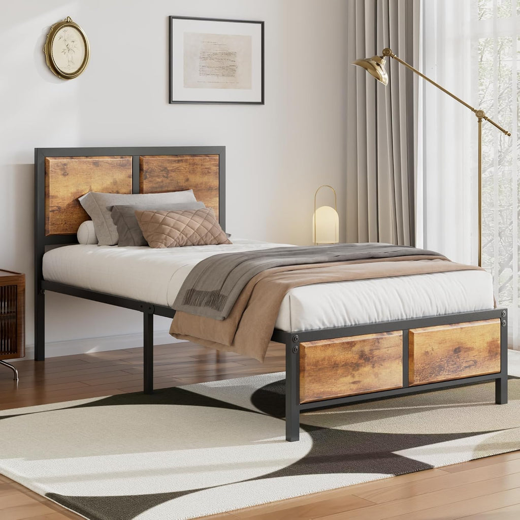 VECELO Twin Bed Frames, Metal Platform Beds with Large Rustic Wooden Headboard, Metal Slats Support, Noise-Free/Easy Assembly, Vintage Brown