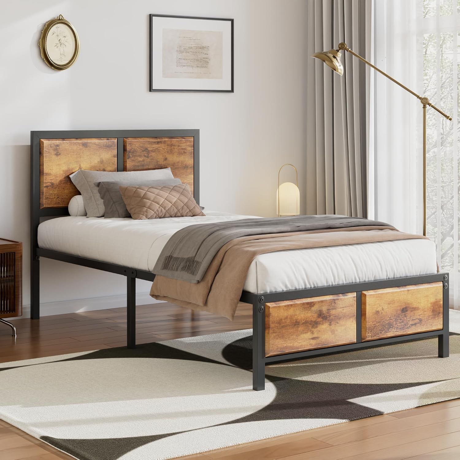 VECELO Twin Bed Frames, Metal Platform Beds with Large Rustic Wooden Headboard, Metal Slats Support, Noise-Free/Easy Assembly, Vintage Brown