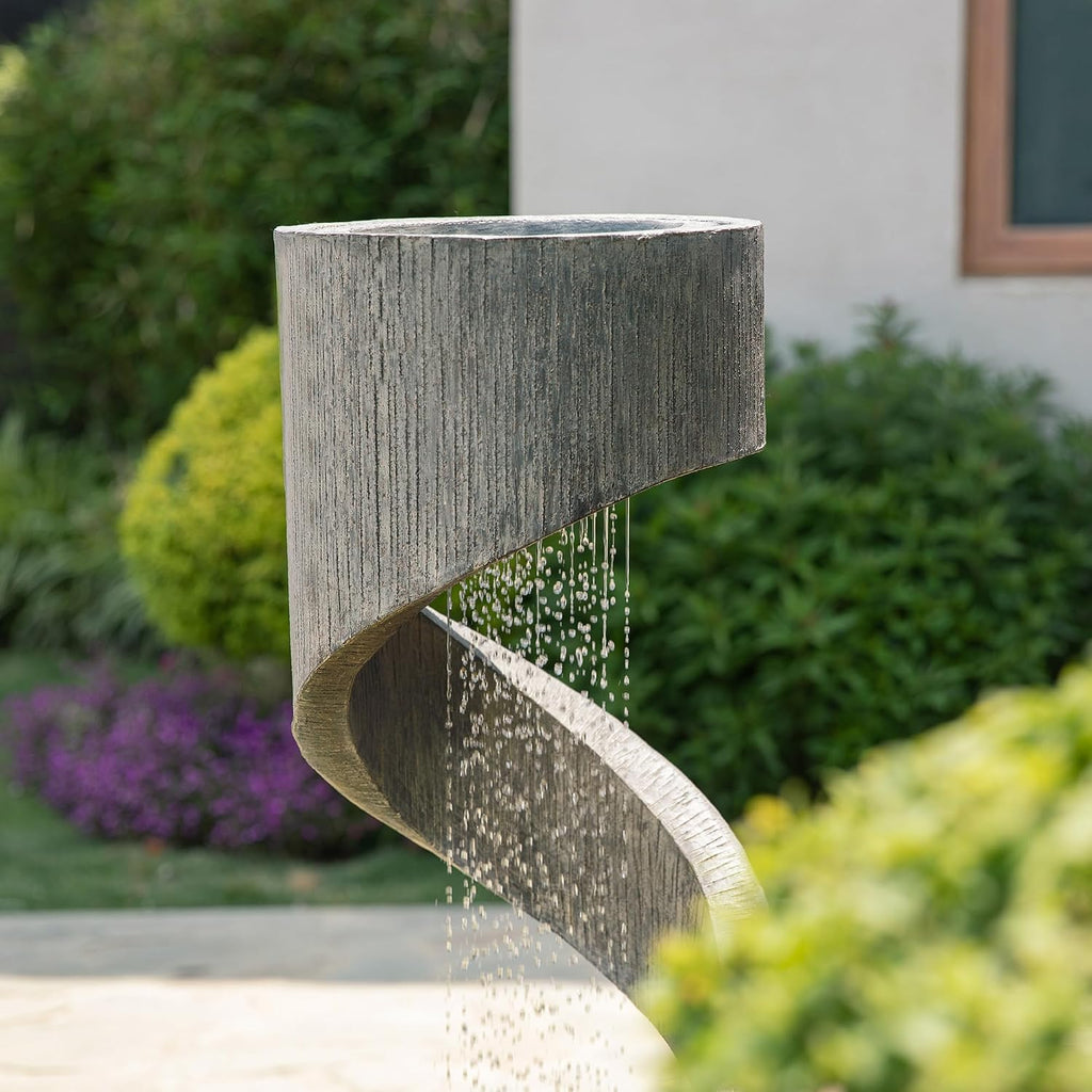 Glitzhome Outdoor Water Fountain with LED Light, Modern Spiral Tiered Outdoor Fountain with Stone Planter, Curved Freestanding Waterfall Fountains for Garden Patio Deck Porch, 40'H