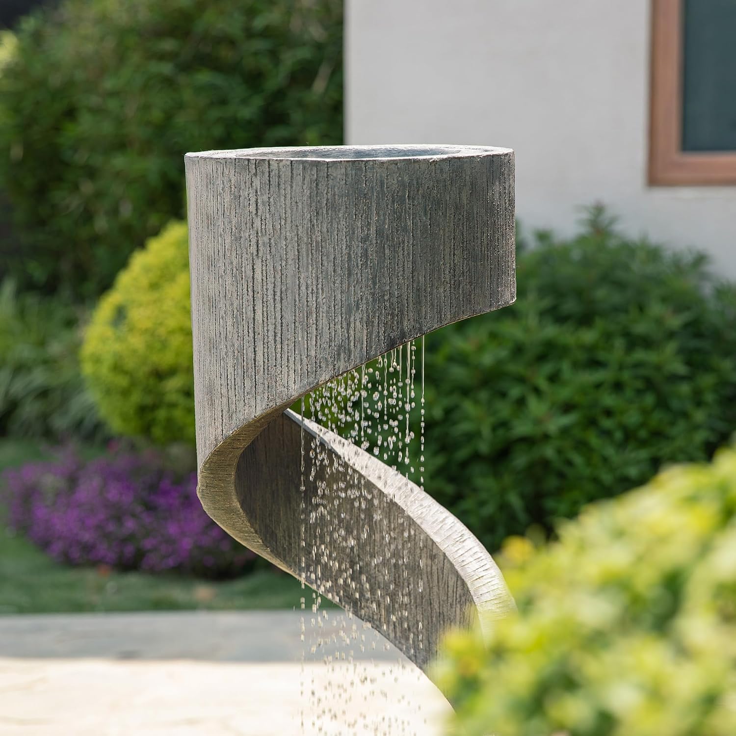 Glitzhome Outdoor Water Fountain with LED Light, Modern Spiral Tiered Outdoor Fountain with Stone Planter, Curved Freestanding Waterfall Fountains for Garden Patio Deck Porch, 40'H