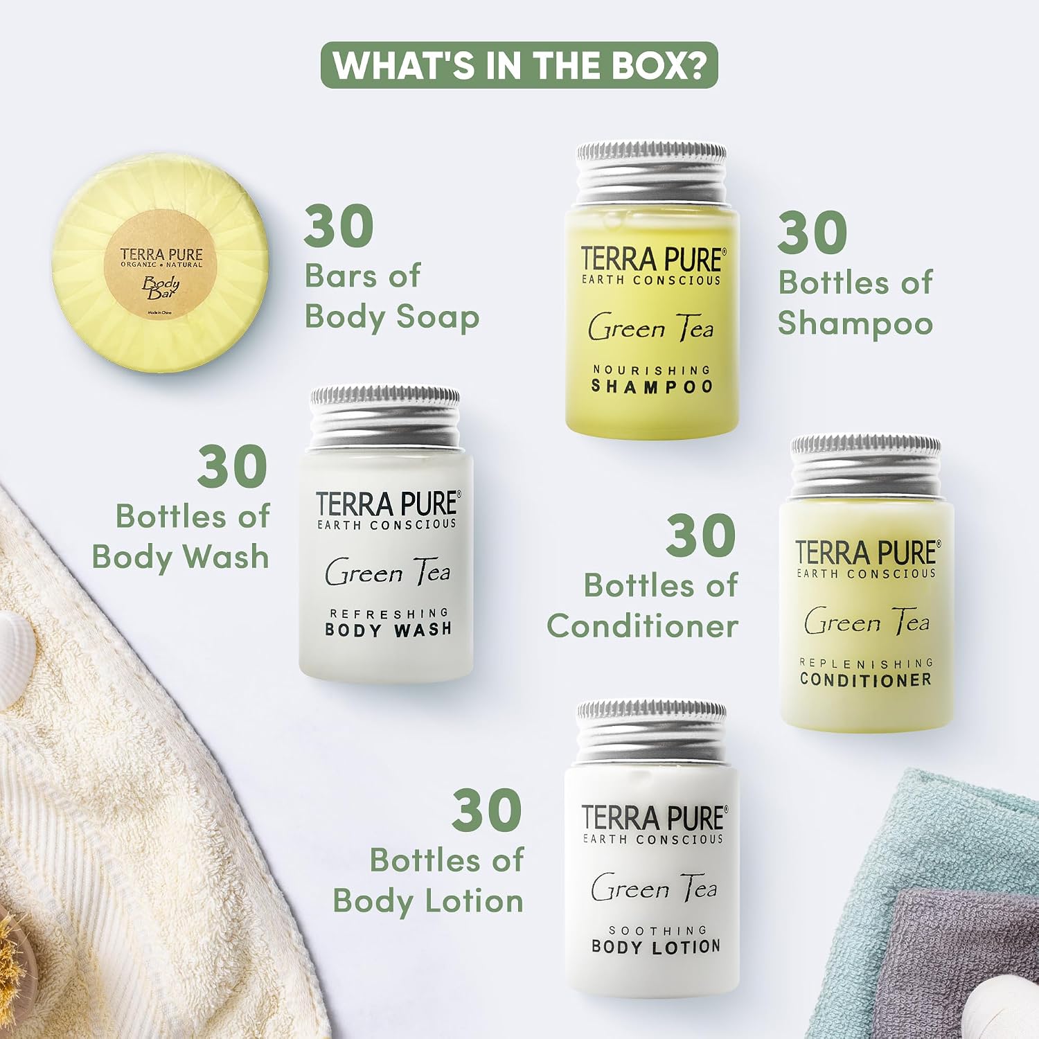 Terra Pure White Tea and Coconut | 150 pcs 1oz Shampoo and Conditioner, Body Wash, Lotion, 1.25oz Bar Soap and 100 pcs Cleansing Bar Soap