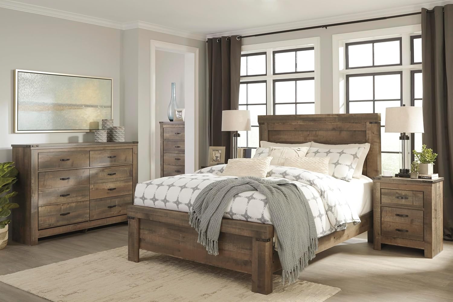 Signature Design by Ashley Trinell Rustic 5 Drawer Chest of Drawers with Nailhead Trim, Warm Brown