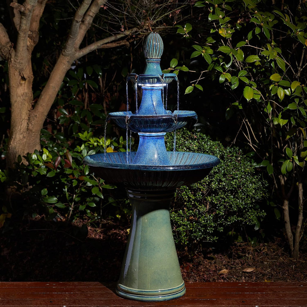 Glitzhome Water Fountain Outdoor Floor-Stand Fountain with LED Light & Pump, Oversized 3 Tier Ceramic Turquoise Waterfall Patio Fountains and Waterfalls Outdoor Yard Fountains for Lawn Garden Backyard