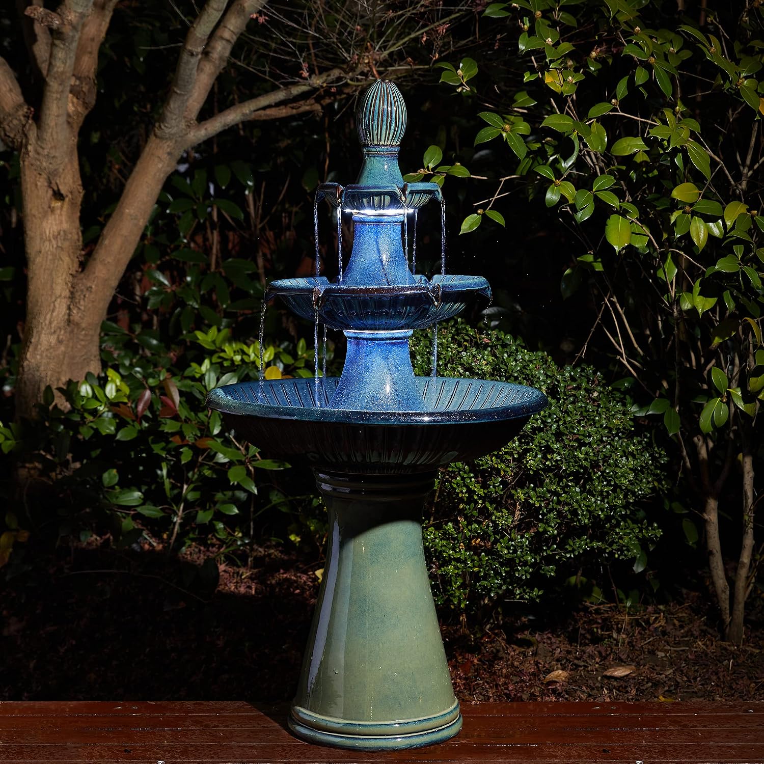 Glitzhome Water Fountain Outdoor Floor-Stand Fountain with LED Light & Pump, Oversized 3 Tier Ceramic Turquoise Waterfall Patio Fountains and Waterfalls Outdoor Yard Fountains for Lawn Garden Backyard