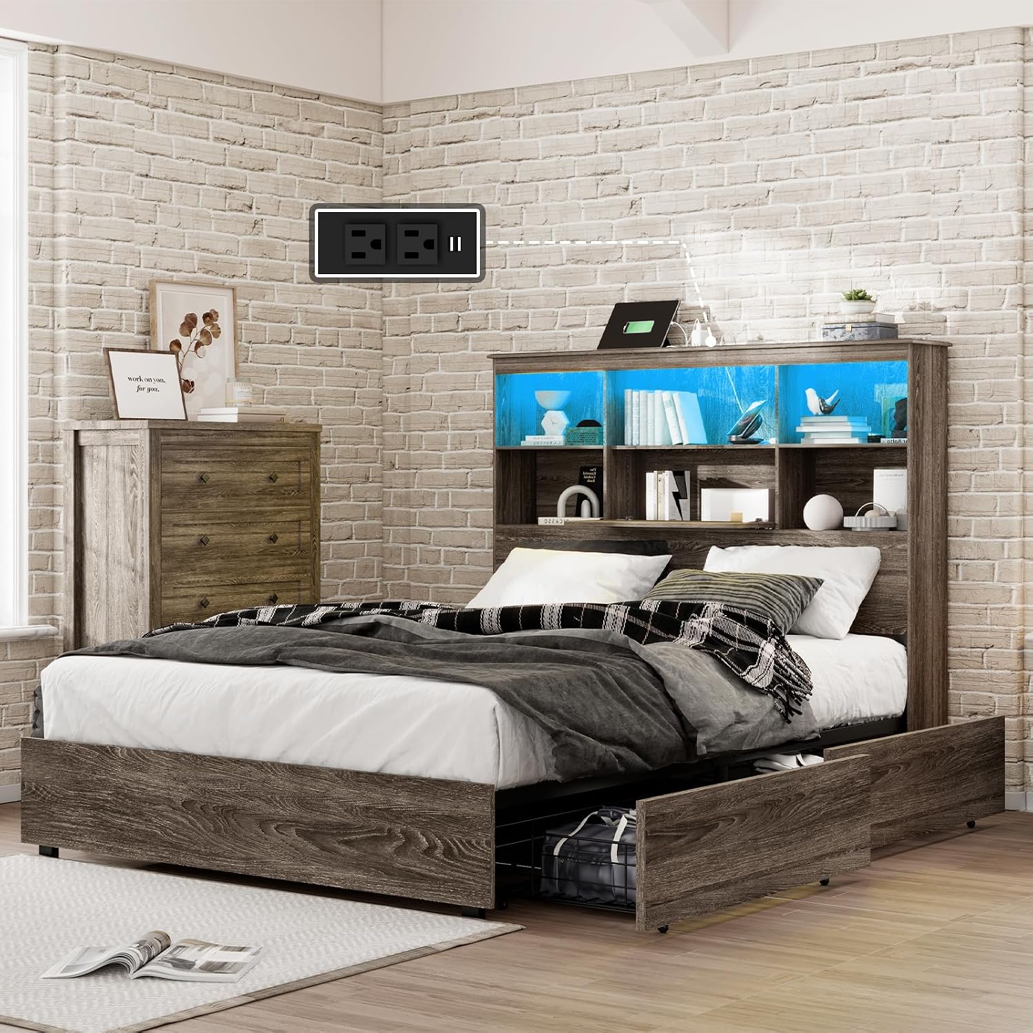 LUXOAK Queen Size Bed Frame with LED Bookcase Headboard, Wooden Storage Bed with Charging Station & 4 Drawers, No Box Spring Needed/Noise-Free/Rustic Grey