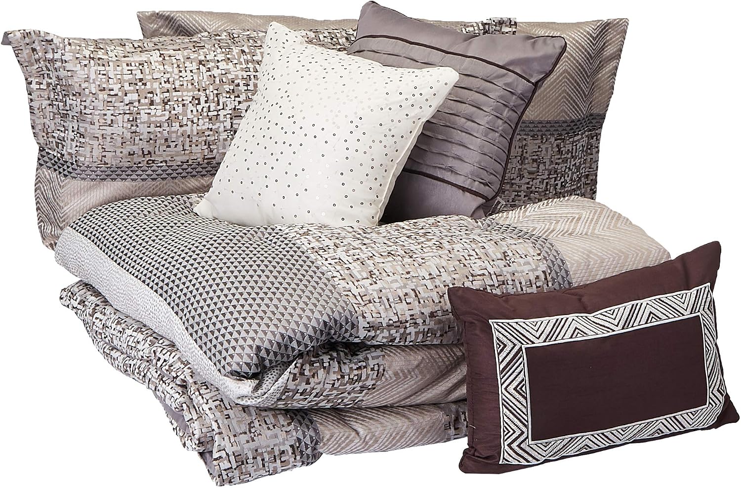 Madison Park Luxury Comforter Set-Traditional Jacquard Design All Season Down Alternative Bedding, Matching Bedskirt, Decorative Pillows, King(104'x92'), Rhapsody, Striped Grey/Taupe 7 Piece