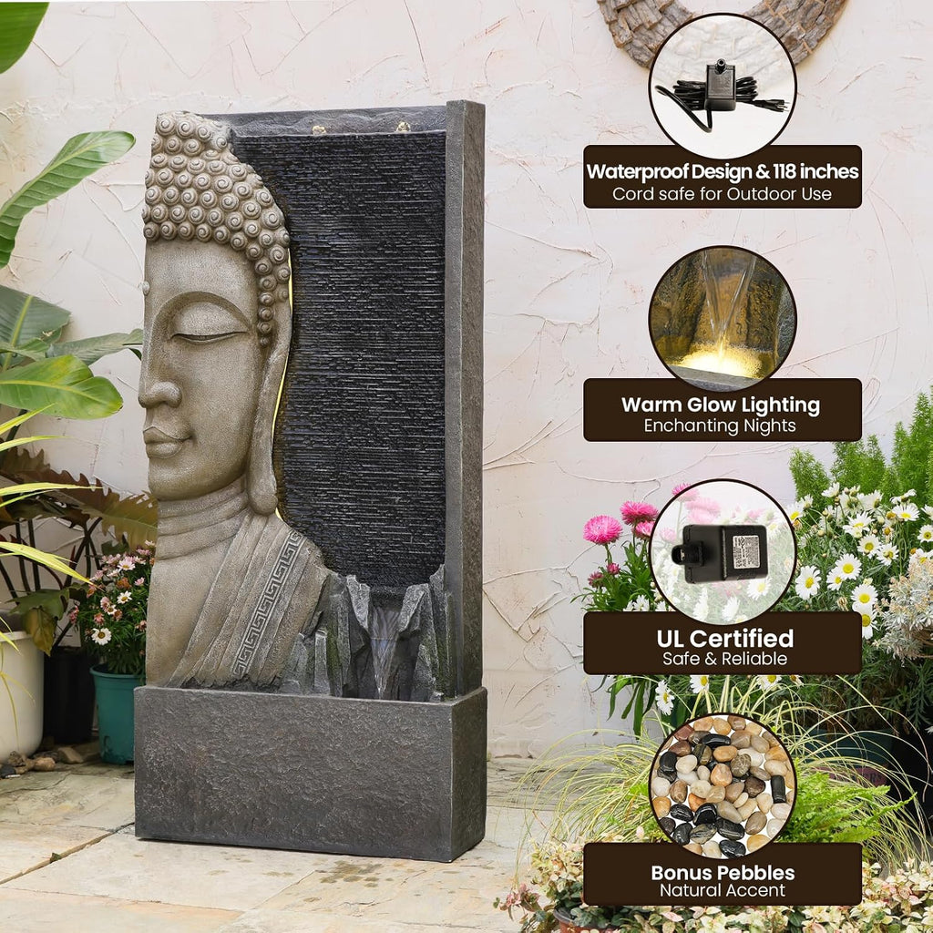 Tankana 47.5' Buddha Water Fountain Outdoor with LED Lights, Large Zen Garden Waterfall Feature with Double Bubblers and Stream, Resin Statue for Patio, Yard, Porch, Meditation Decor