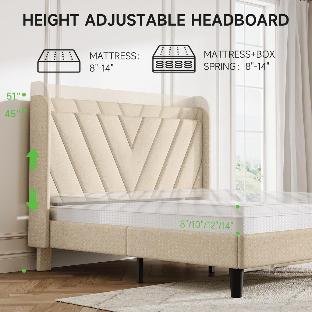 koorlian Queen Bed Frame with Headboard, Adjustable Upholstered Platform Bed Frame with Type-C&USB Ports, Wingback Storage Headboard, Solid Wood Slats Support, No Box Spring Needed, Beige