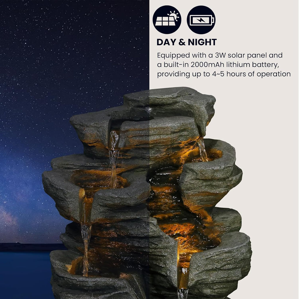 6-Tier Solar Water Fountain Outdoor, 24.4' H Cascading Rock Feature Garden Fountains and Waterfalls with Light, Pump, Solar Panel for The Patio, Deck, Porch, Backyard Home Décor, Stone Gray