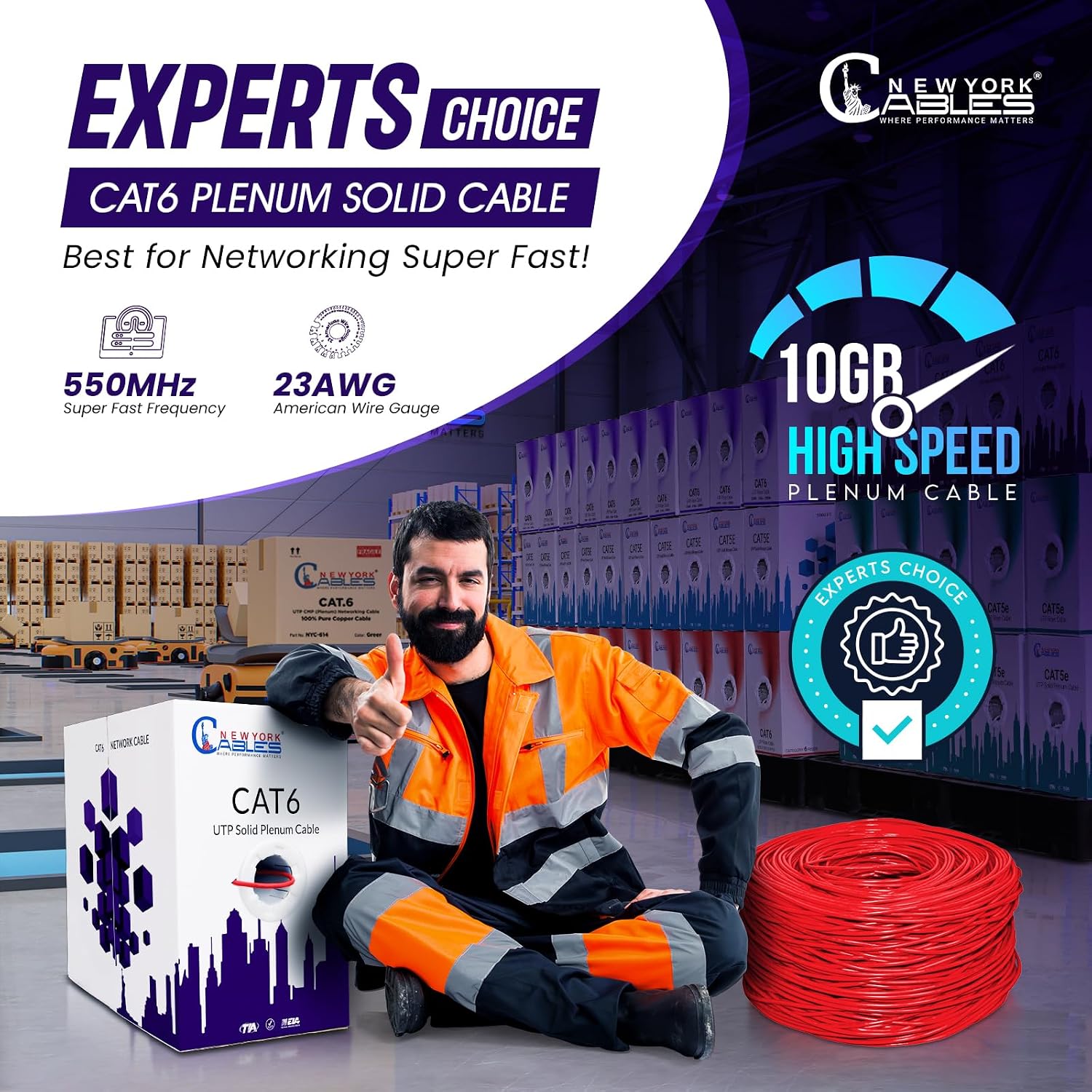 NewYork Cables CAT6 Plenum Cable 1000ft (CMP) 23AWG Solid Conductor 550MHz, Twisted Pair 10GB UTP Cat 6 Ethernet Cable - Tested with DXT-1800 Network Analyzer (Red)