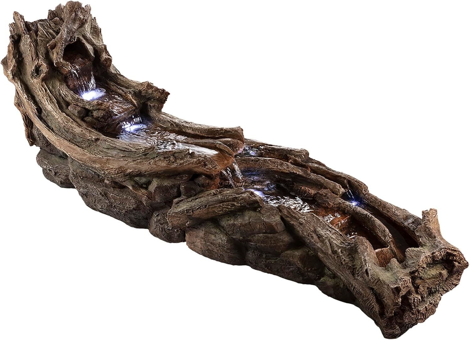 Alpine Corporation 80' Long Indoor/Outdoor Wood River Log Water Fountain with LED Lights, Cascading Natural Water Feature for Gardens, Patios, Yards, and Outdoor Decor, Brown and Gray