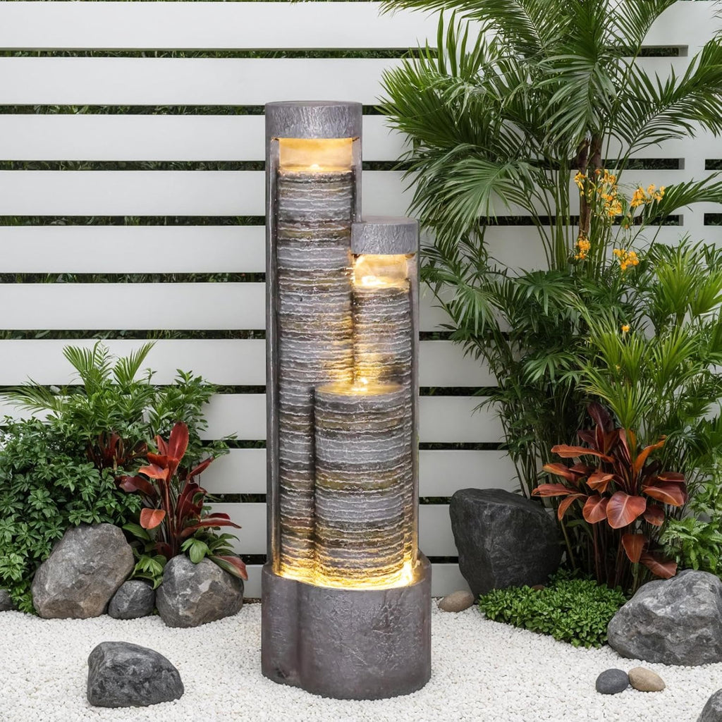 39.76' Tall Indoor Outdoor Water Fountain Modern Water Feature Stone-Textured Cascading Floor-Standing Fountains with Led Lights for Garden, Patio, Balcony, Yard, Office Home Art Decor