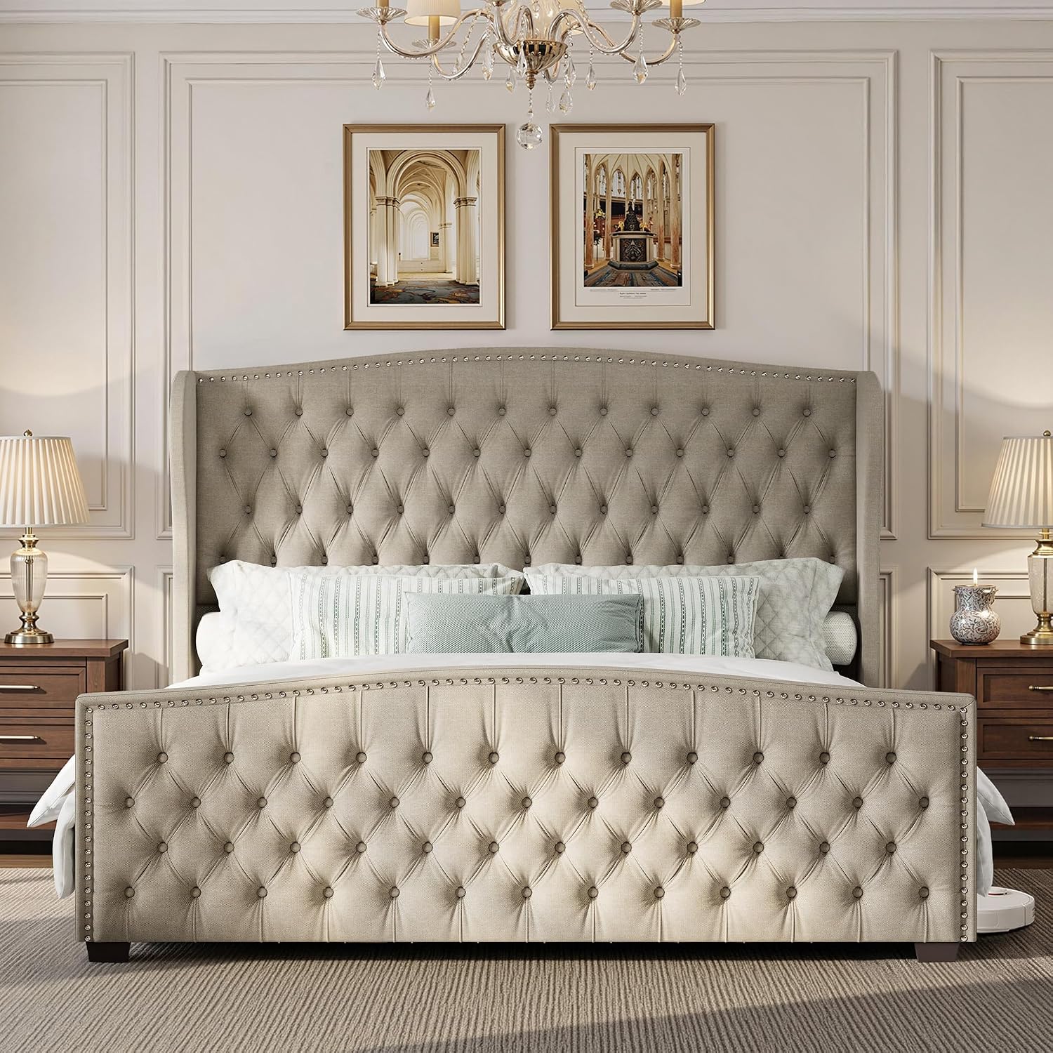 LUXOAK Queen Platform Bed Frame with Wingback Headboard, Velvet Upholstered Bed Frame with Handmade Button Tufted & Nailhead, Wooden Slats Support, Beige