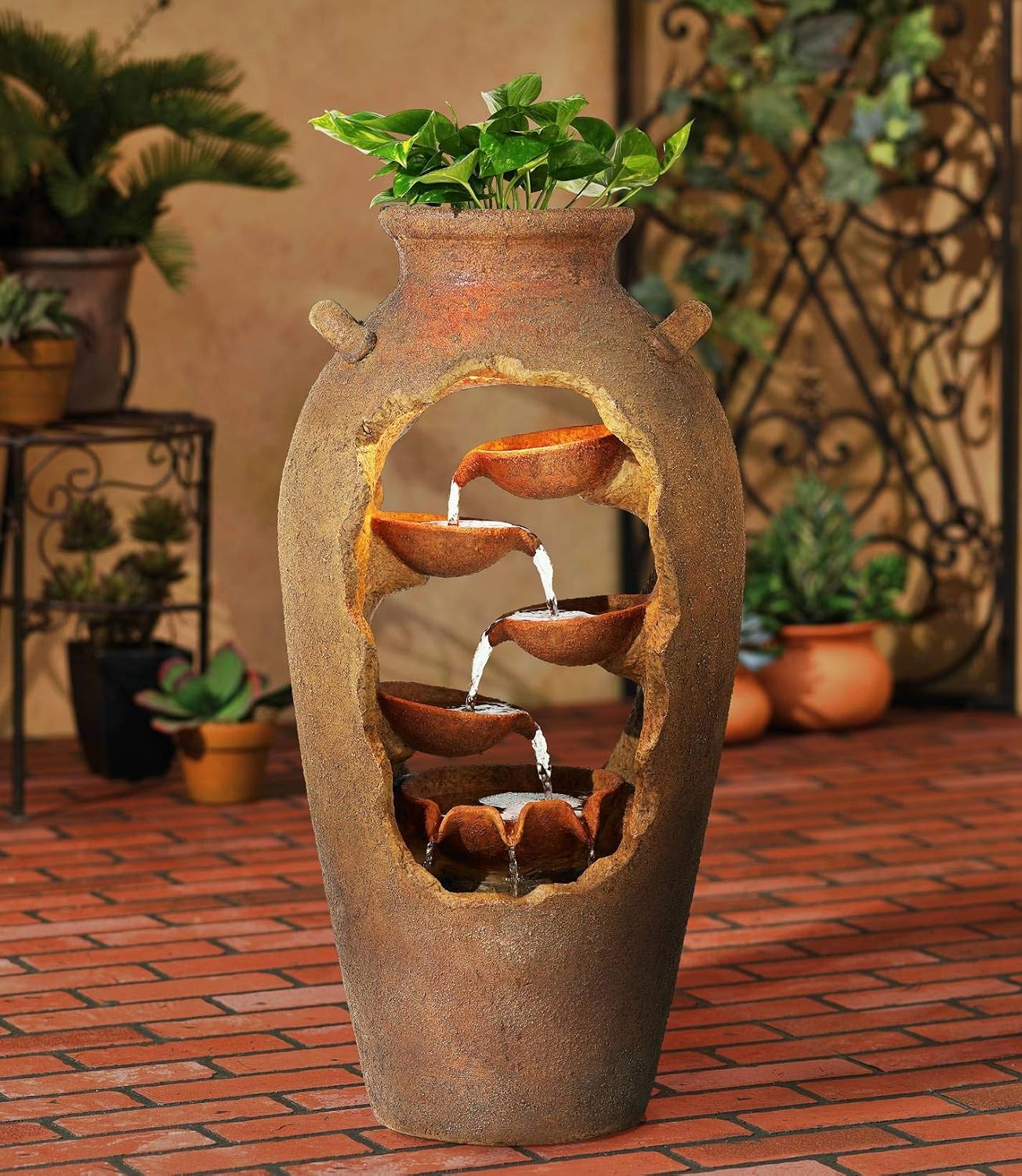 Nathan Cascade 33' High Large Rustic Outdoor Decor Faux Stone Floor Fountain with Light LED Urn with Planter Waterfall Standing Water Feature for Outside Garden Patio Yard Backyard - John Timberland