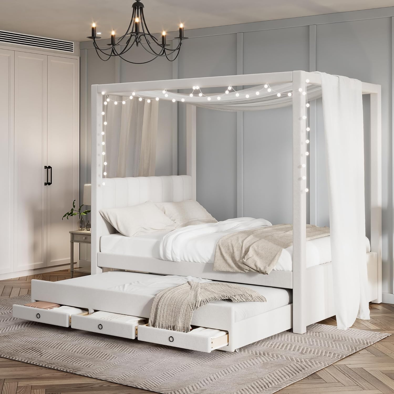 Modern Full Size Upholstery Canopy Platform Bed with Trundle and 3 Storage Drawers, Full Size Linen Storage Platform Bed with Backrest and Wood Slat Support for Kids and Teens (Beige, Full)