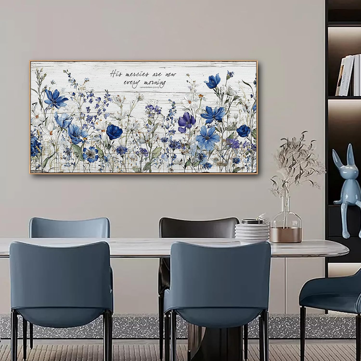 Tucai Decor Blue Floral Canvas Wall Art with Inspirational Quote, Farmhouse Style Living Room Bedroom Kitchen Wall Decor Large Format Framed Print Artwork Home Decoration