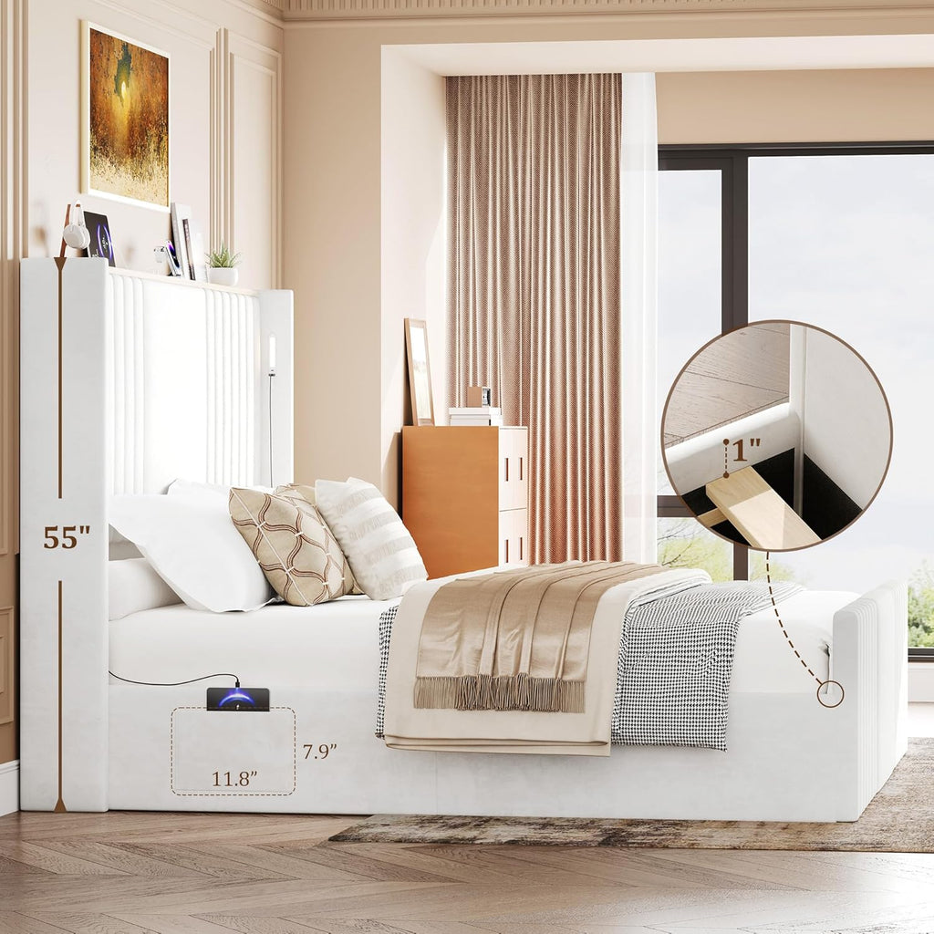 King Size Bed Frame with 55.1' Tall Headboard, Velvet Upholstered Platform Bed with Channel Tufted Wingback, 2 Reading Lights/Storage Shelf/Charging Station/Easy Assembly/Noise-Free, Cream