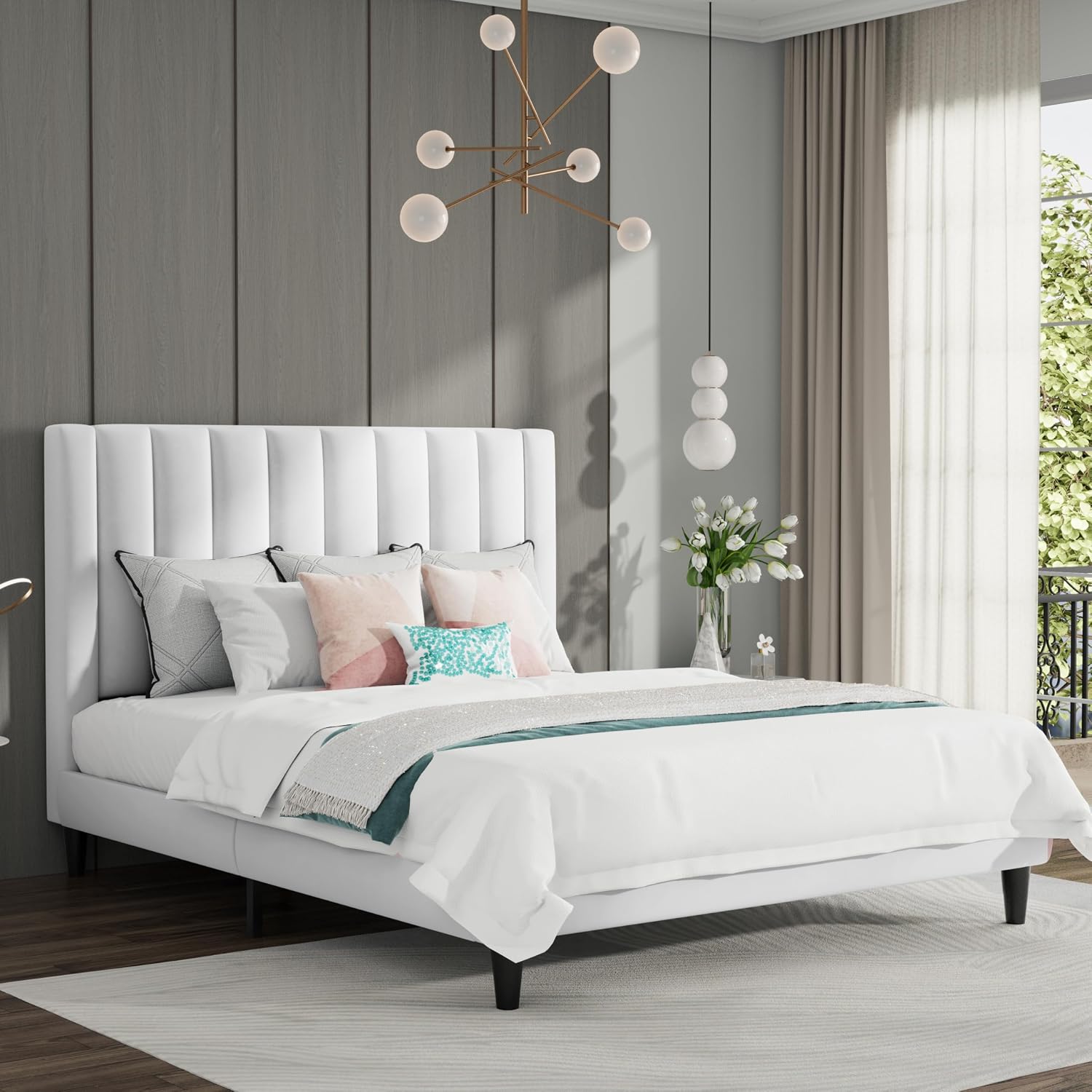 SHA CERLIN Full Bed Frame/Velvet Upholstered Platform Bed Frame with Headboard/Strong Wood Slats Support/Mattress Foundation/No Box Spring Needed/Easy Assembly/White