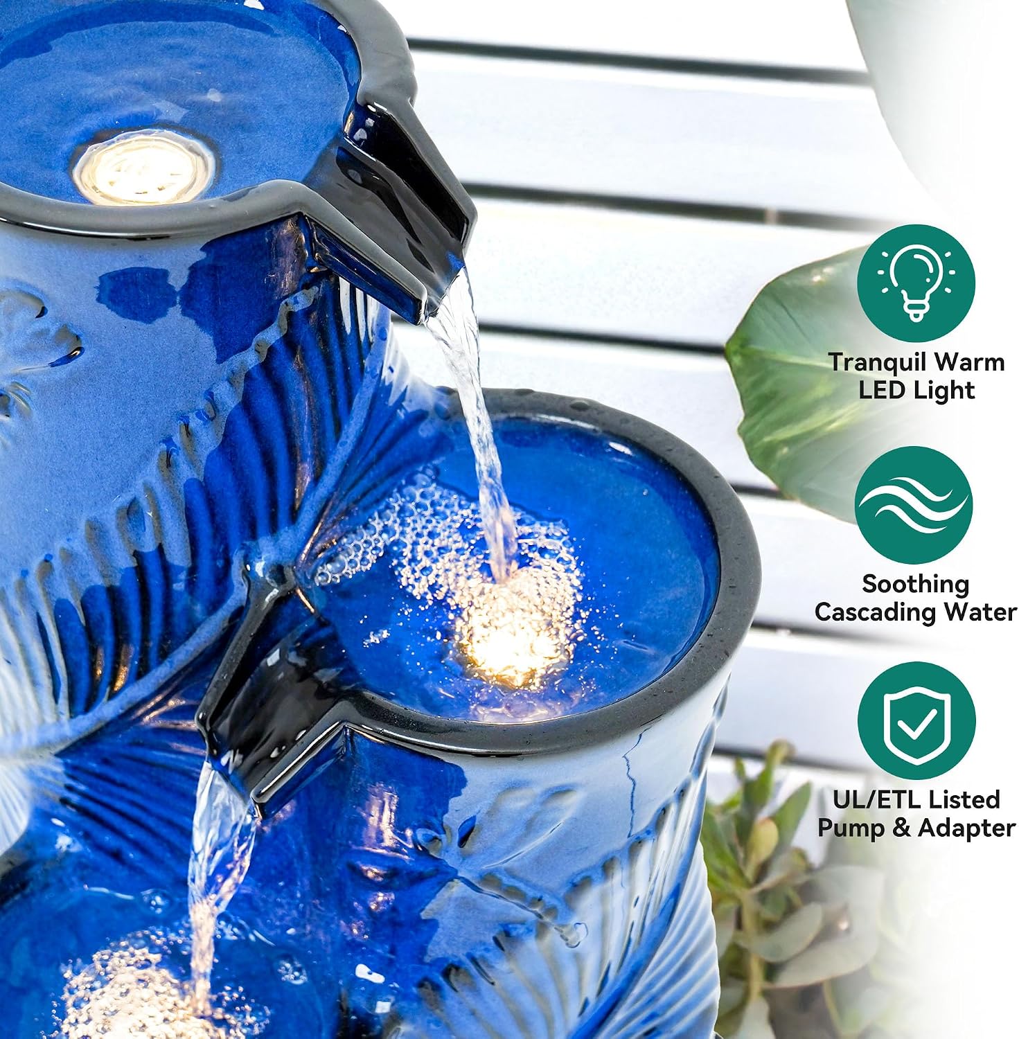 Ceramic Outdoor Water Fountain with LED Lights, 25.5' H 3-Tier Bamboo-Style Cascading Waterfall, Tropical Leaf & Dragonfly Textured Water Feature for Garden Patio Yard Relaxation Oasis