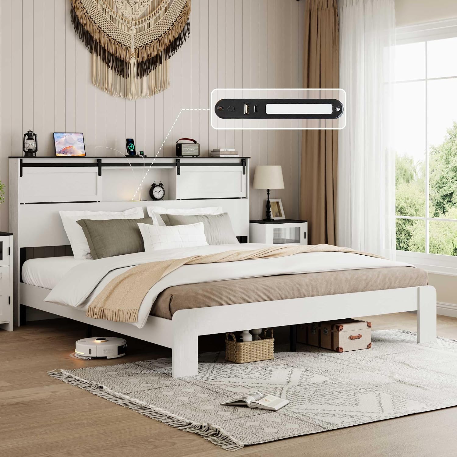 Ball & Cast Queen Bed Frame with Storage Headboard & Built in Charging Station,Farmhouse Platform Bed Frame Queen Size with Wood Slats Support,No Noise,No Box Spring Needed, White
