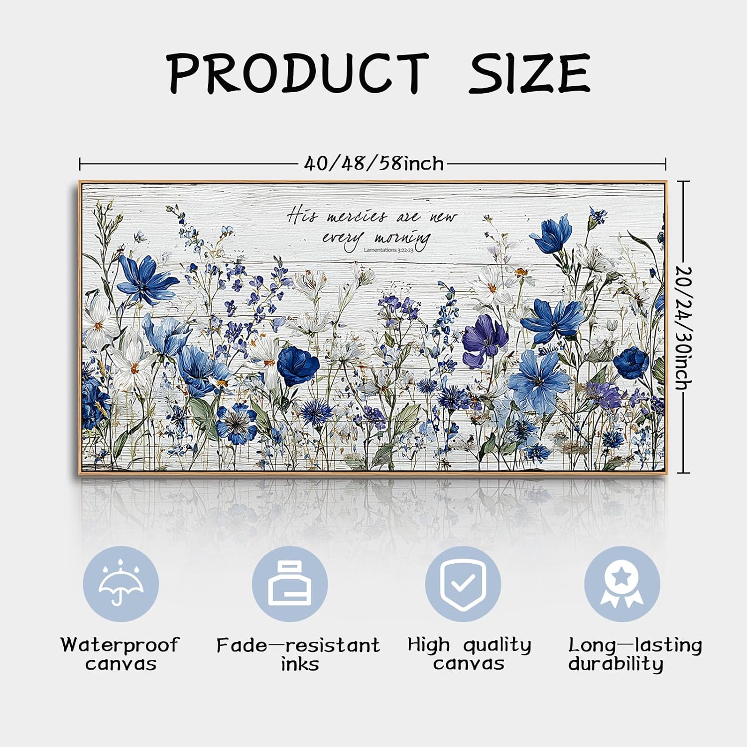Tucai Decor Blue Floral Canvas Wall Art with Inspirational Quote, Farmhouse Style Living Room Bedroom Kitchen Wall Decor Large Format Framed Print Artwork Home Decoration