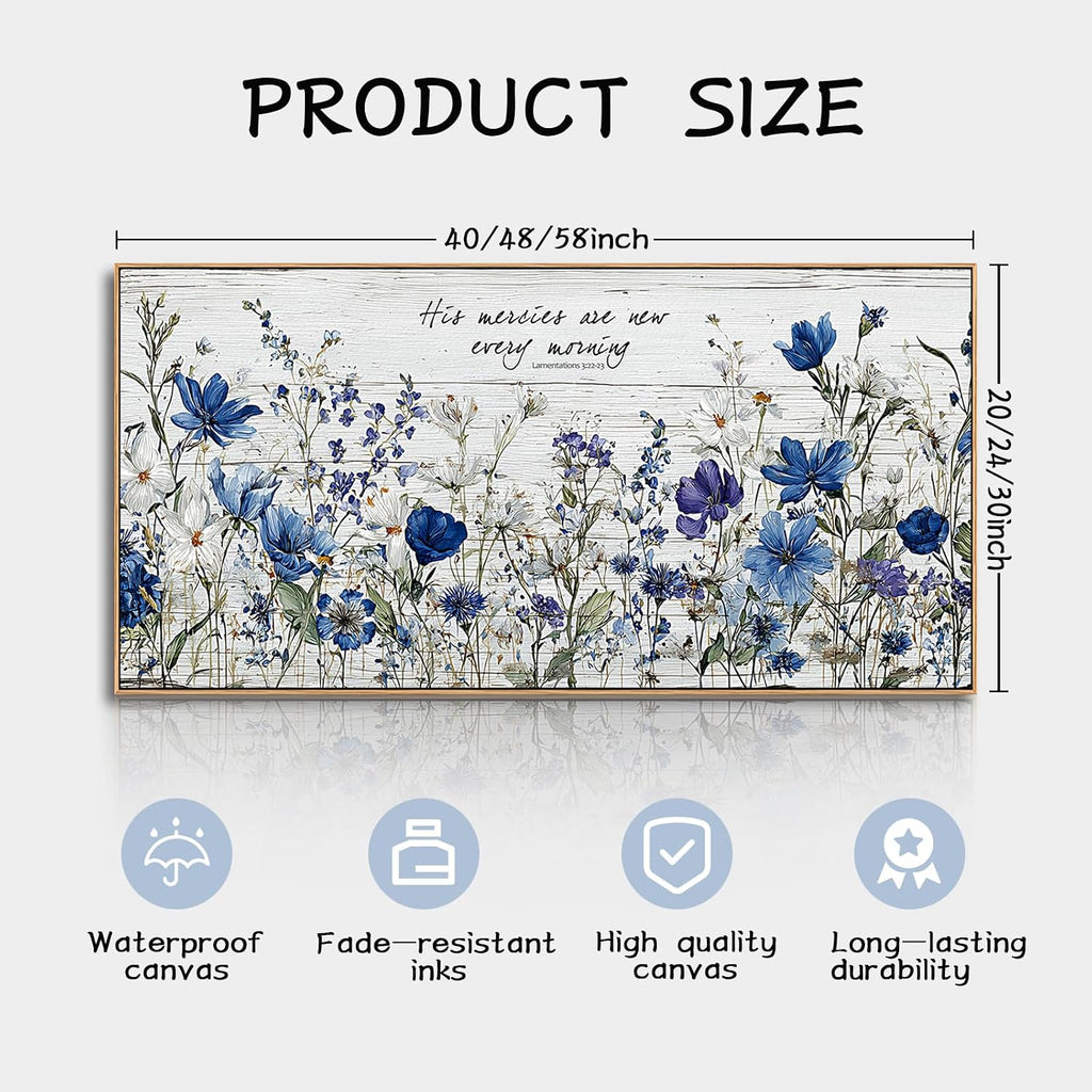 Tucai Decor Blue Floral Canvas Wall Art with Inspirational Quote Farmhouse Style Living Room Bedroom Kitchen Wall Decor Large Format Framed Print Artwork Home Decoration