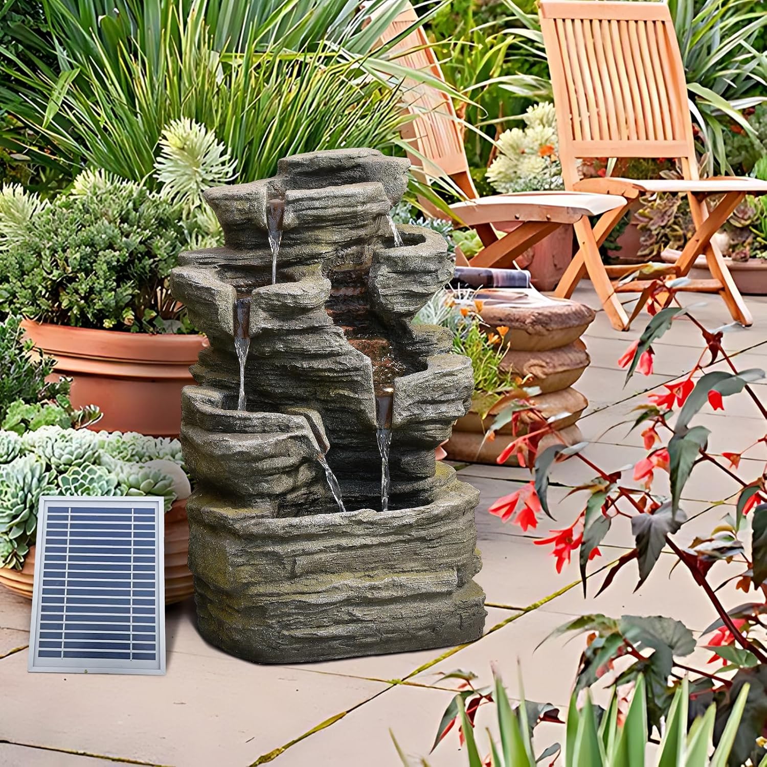 6-Tier Solar Water Fountain Outdoor, 24.4' H Cascading Rock Feature Garden Fountains and Waterfalls with Light, Pump, Solar Panel for The Patio, Deck, Porch, Backyard Home Décor, Stone Gray