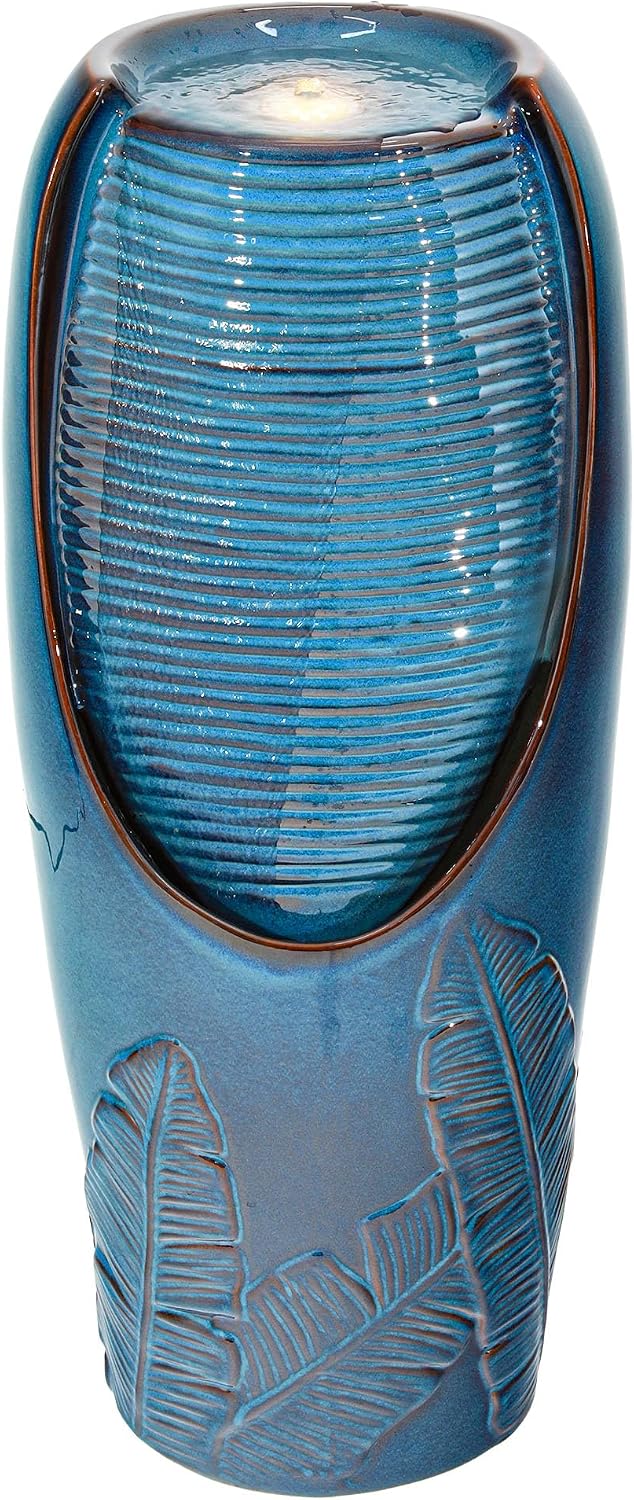32' H Ceramic Jar Outdoor Water Fountain, Elegant Turquoise Water Feature Outside with LED Lights, Banana Leaf Texture, Soothing Cascading Waterfall for Garden Patio Yard Front Porch Decor